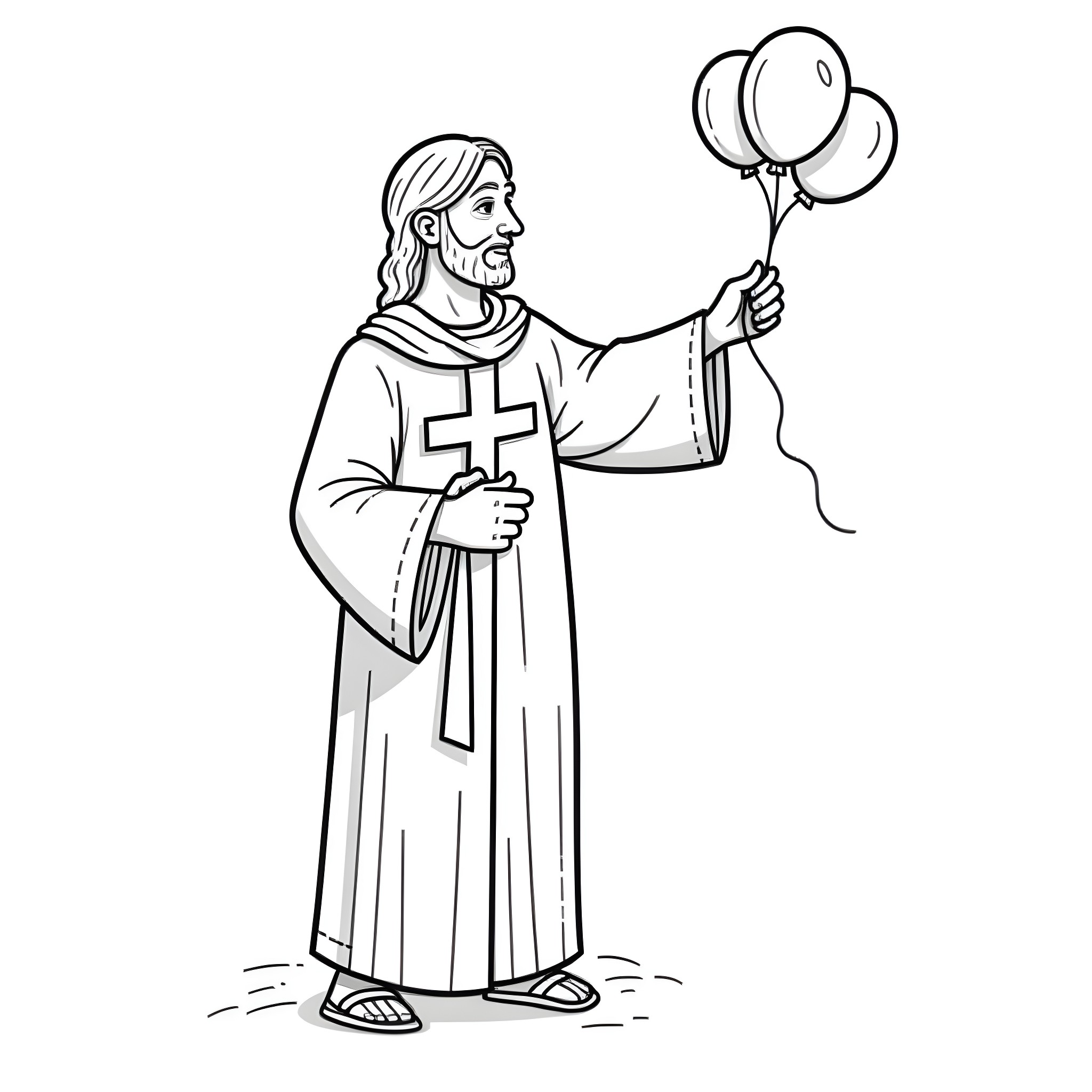 Jesus holding balloons and smiling Coloring Page (free black-and-white line drawing printable PDF for all, from beginners to advanced learners, including children, teens, adults, and seniors)