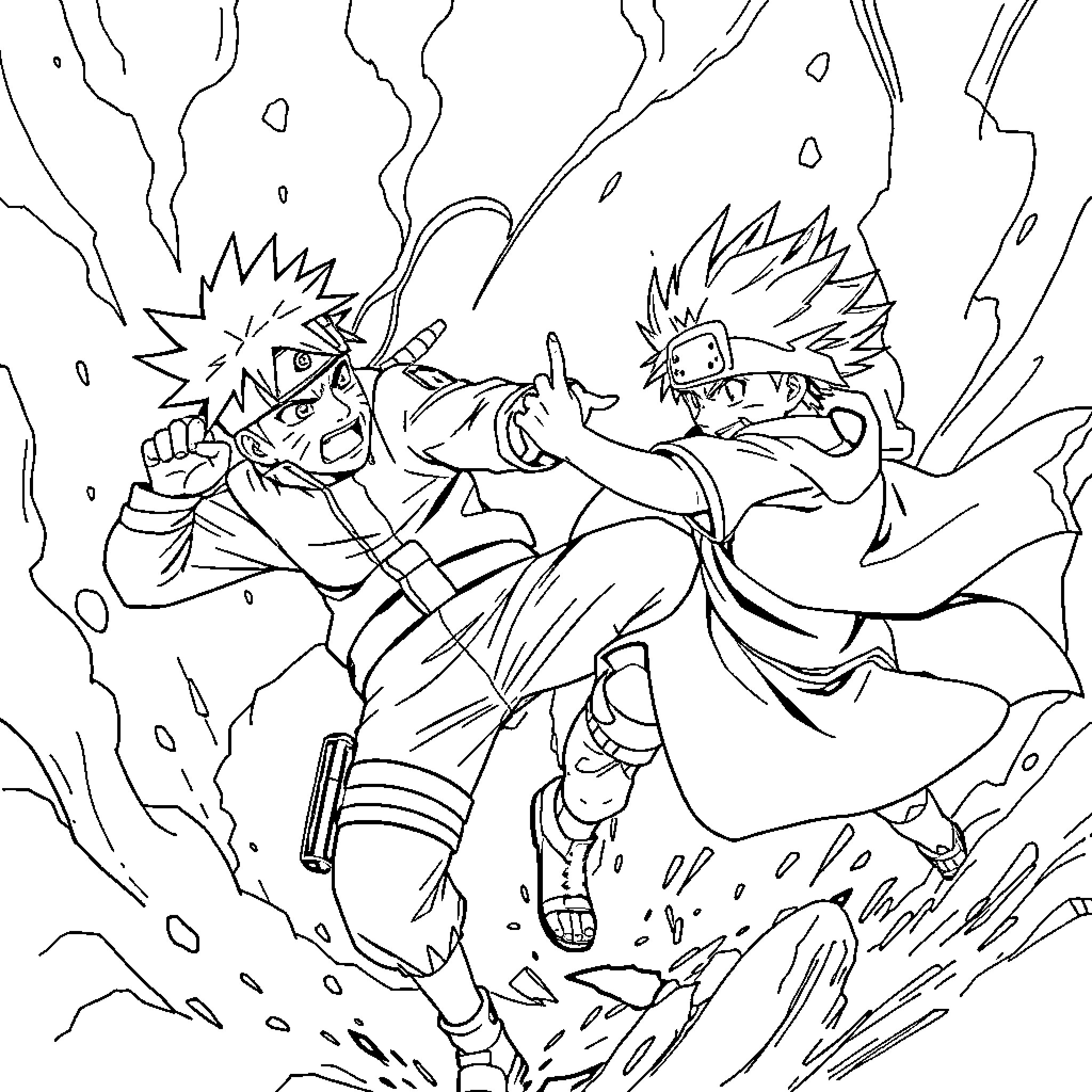 Naruto characters engaged in intense combat Coloring Page (free black-and-white line drawing printable PDF for all, from beginners to advanced learners, including children, teens, adults, and seniors)
