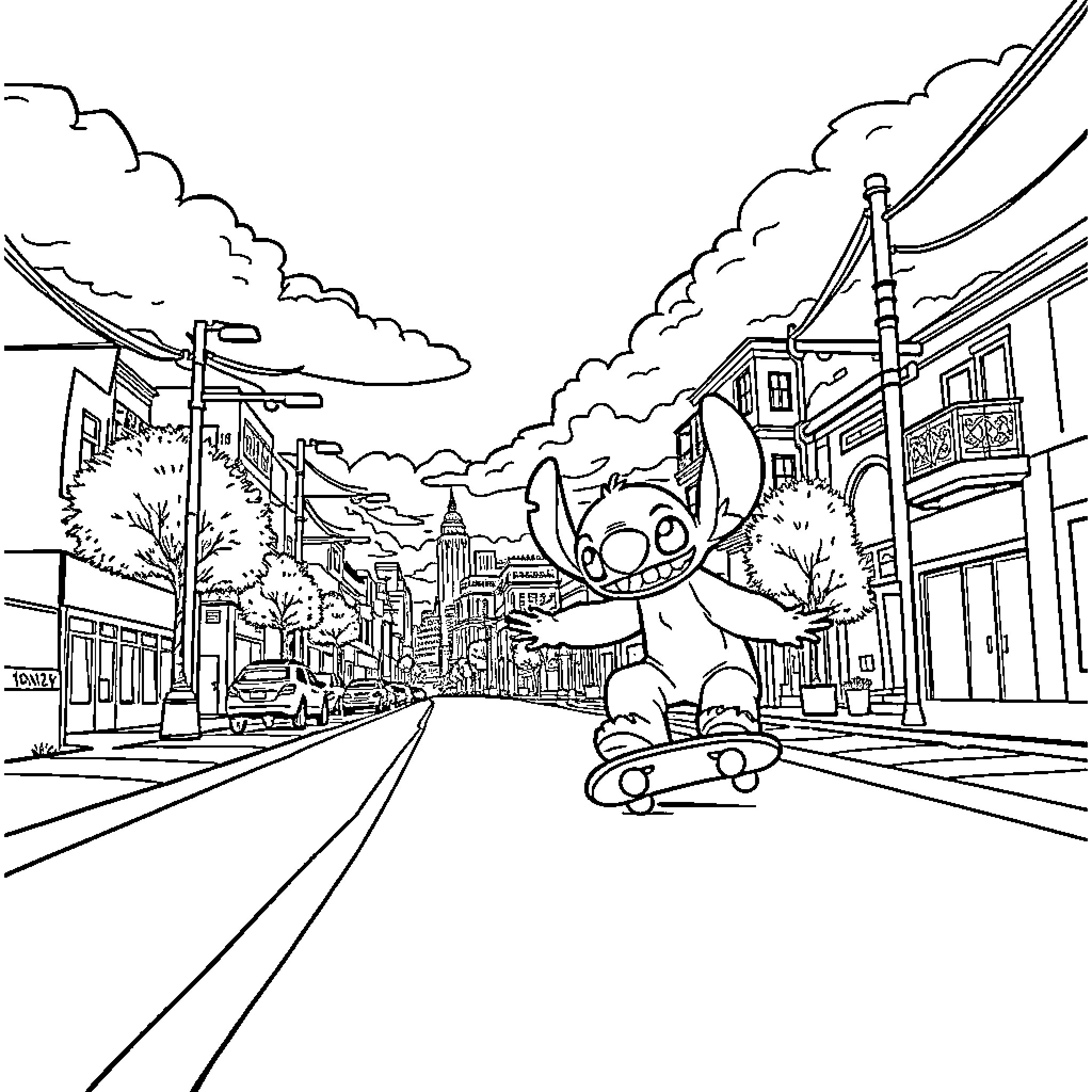 Stitch skateboarding through a lively town Coloring Page (free black-and-white line drawing printable PDF for all, from beginners to advanced learners, including children, teens, adults, and seniors)