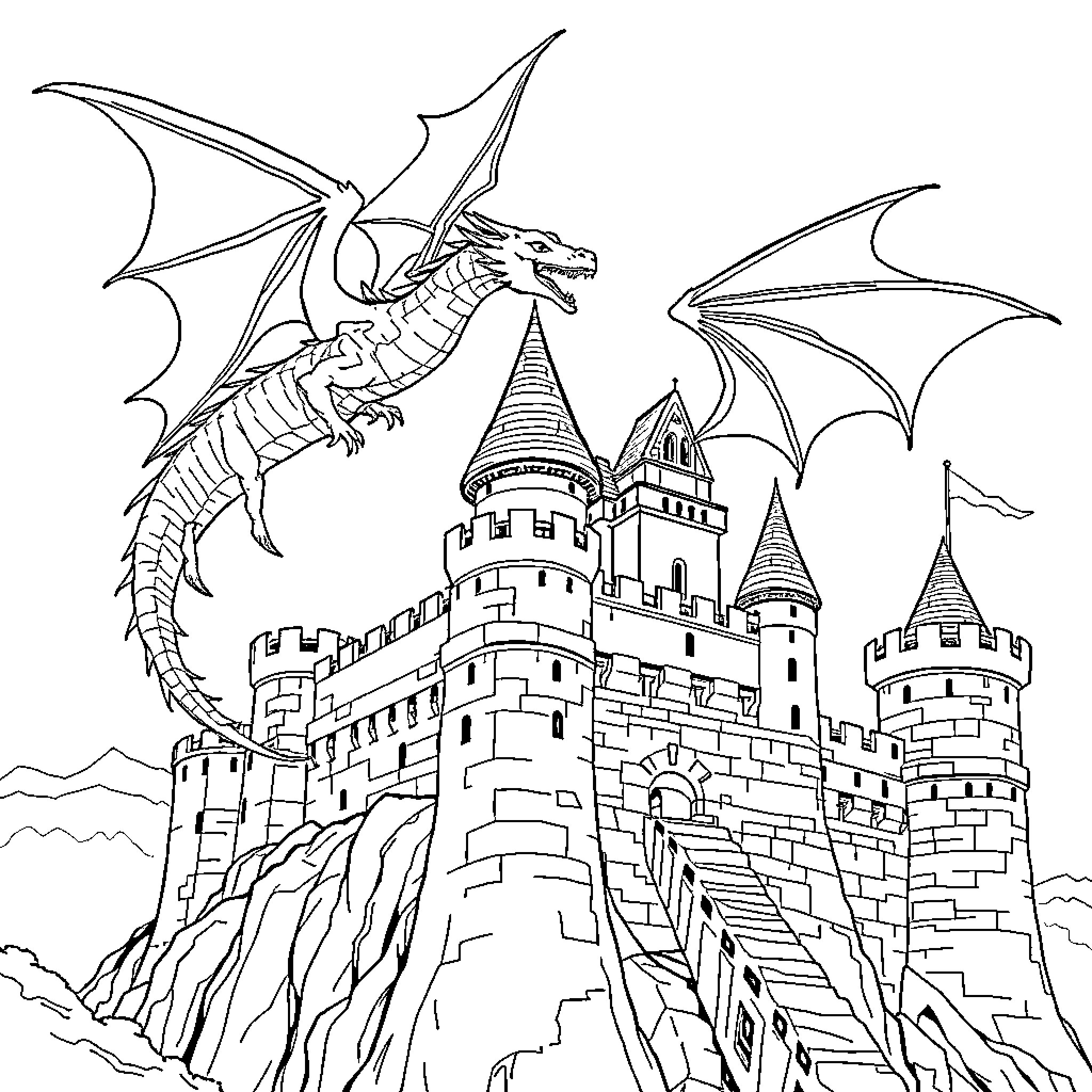 Dragon soaring above the medieval castle Coloring Page (free black-and-white line drawing printable PDF for all, from beginners to advanced learners, including children, teens, adults, and seniors)