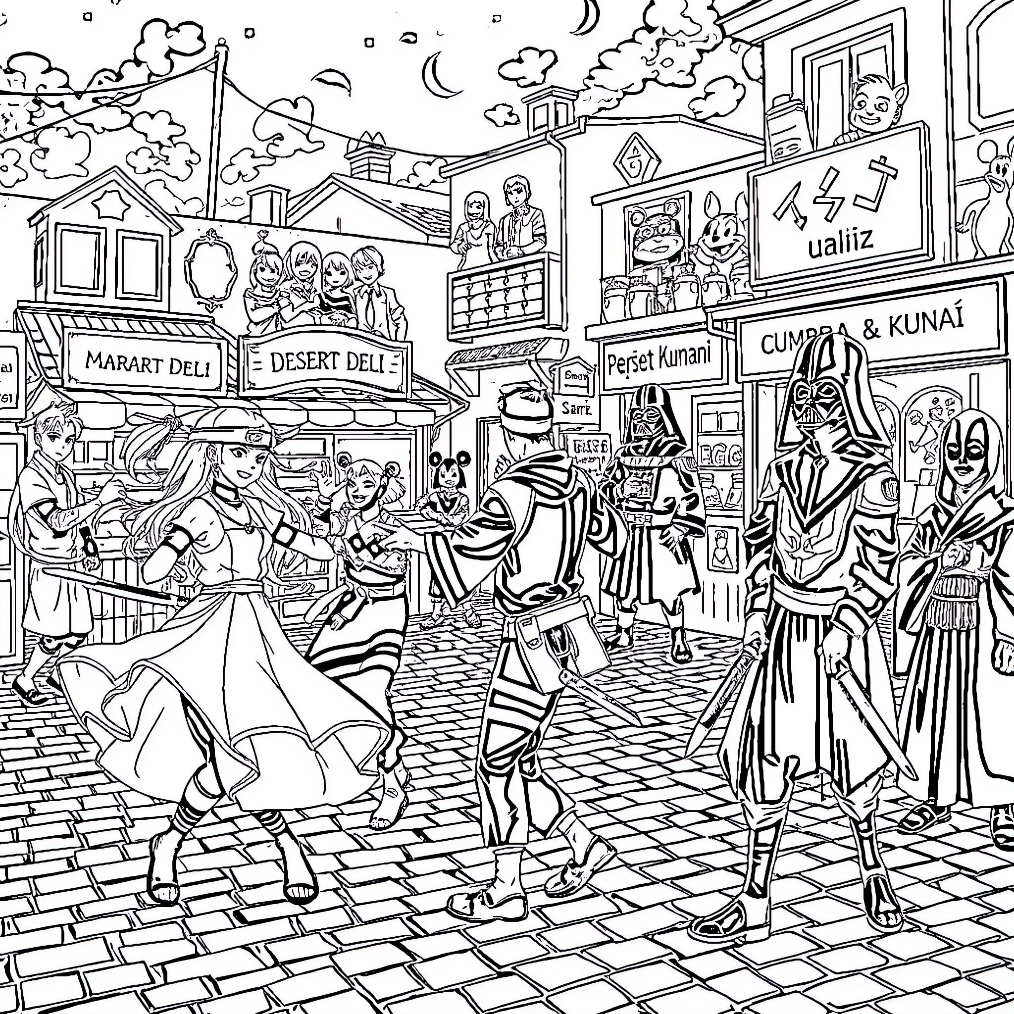 Ninja Swordsmen Battling in Bustling Marketplace Coloring Page (free black-and-white line drawing printable PDF for all, from beginners to advanced learners, including children, teens, adults, and seniors)