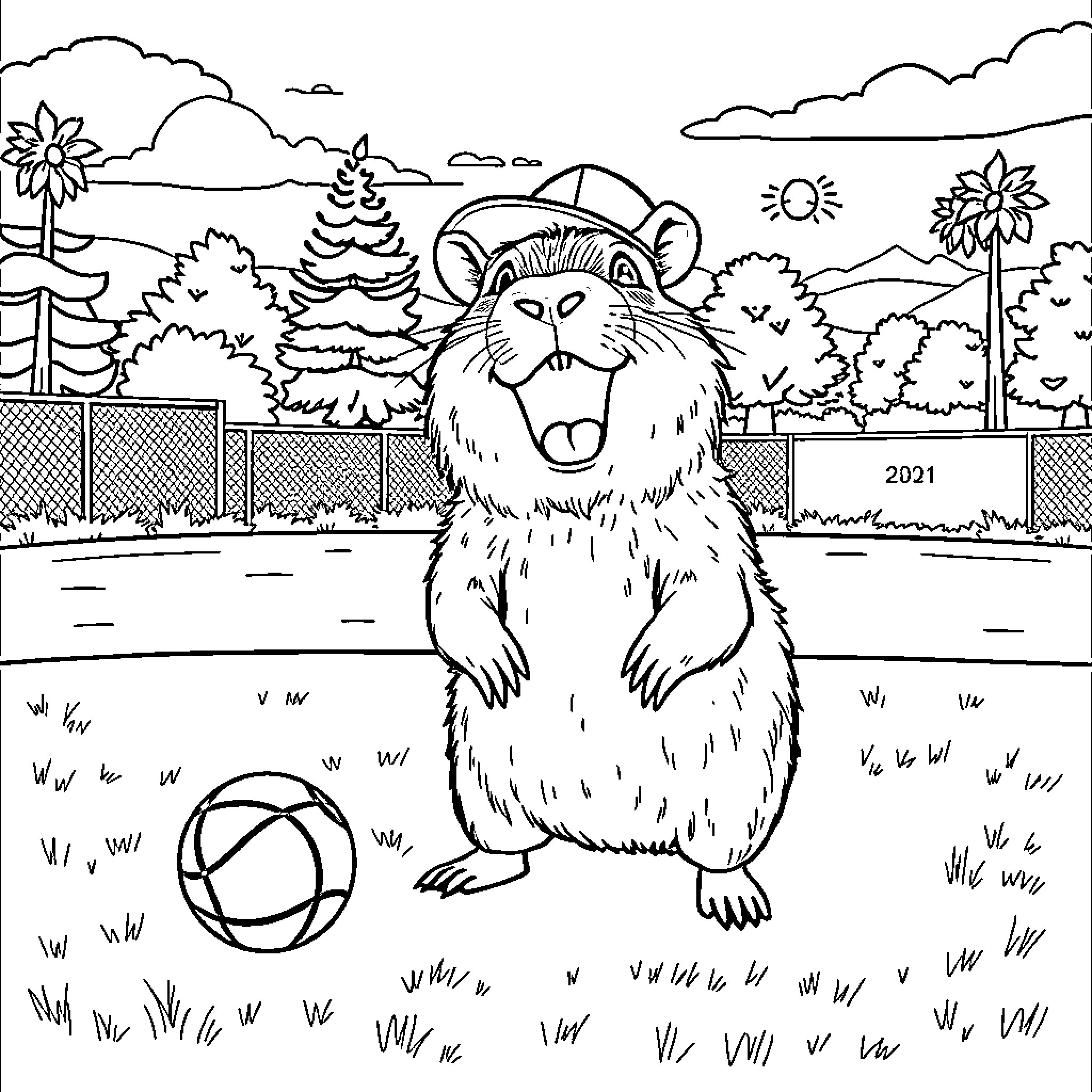 Capybara playing with a ball in a nature scene Coloring Page (free black-and-white line drawing printable PDF for all, from beginners to advanced learners, including children, teens, adults, and seniors)