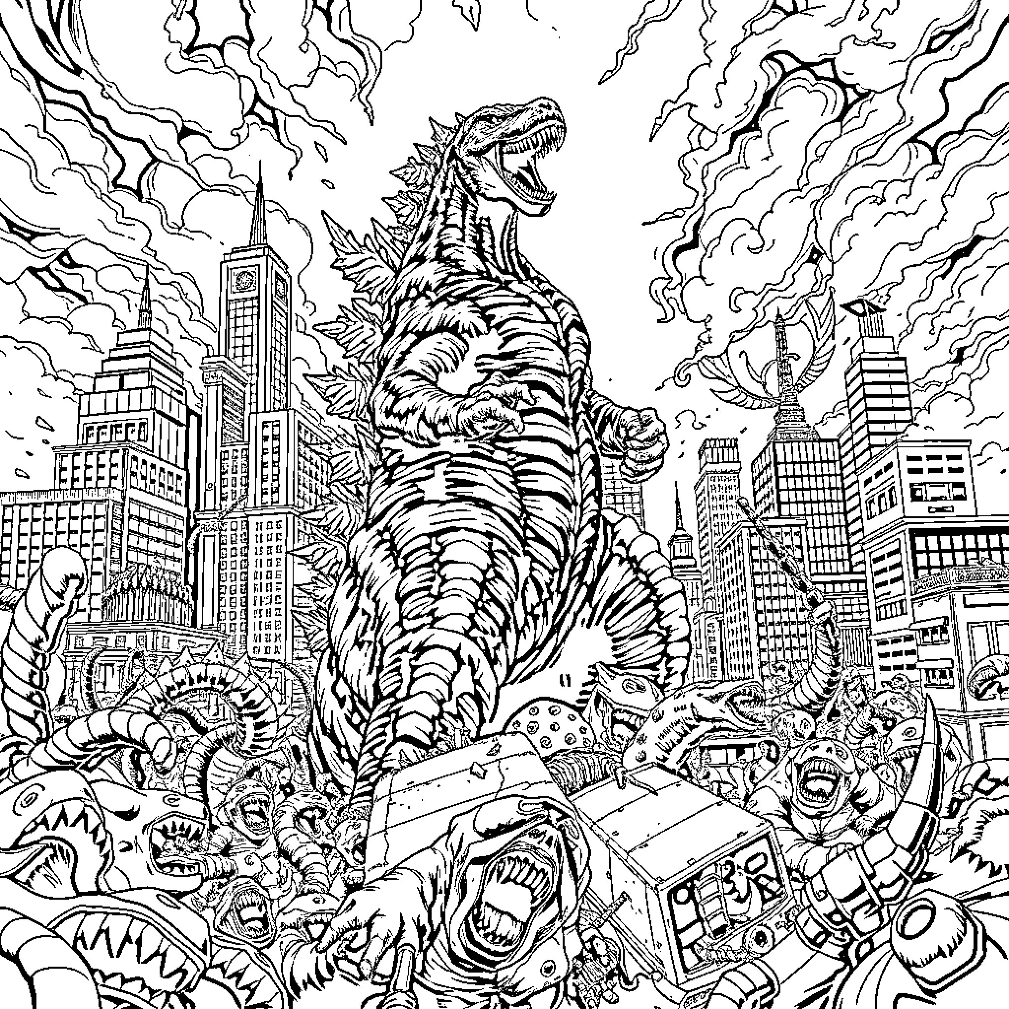 Godzilla rampaging through the city Coloring Page (free black-and-white line drawing printable PDF for all, from beginners to advanced learners, including children, teens, adults, and seniors)