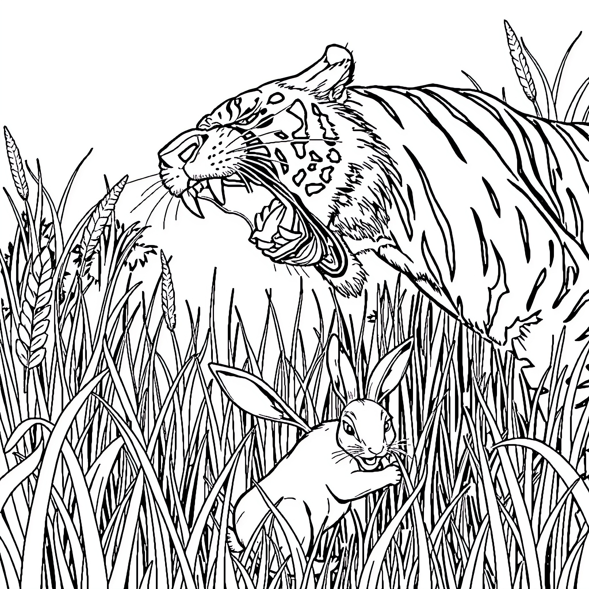Tiger snarling aggressively in dense vegetation Coloring Page (free black-and-white line drawing printable PDF for all, from beginners to advanced learners, including children, teens, adults, and seniors)