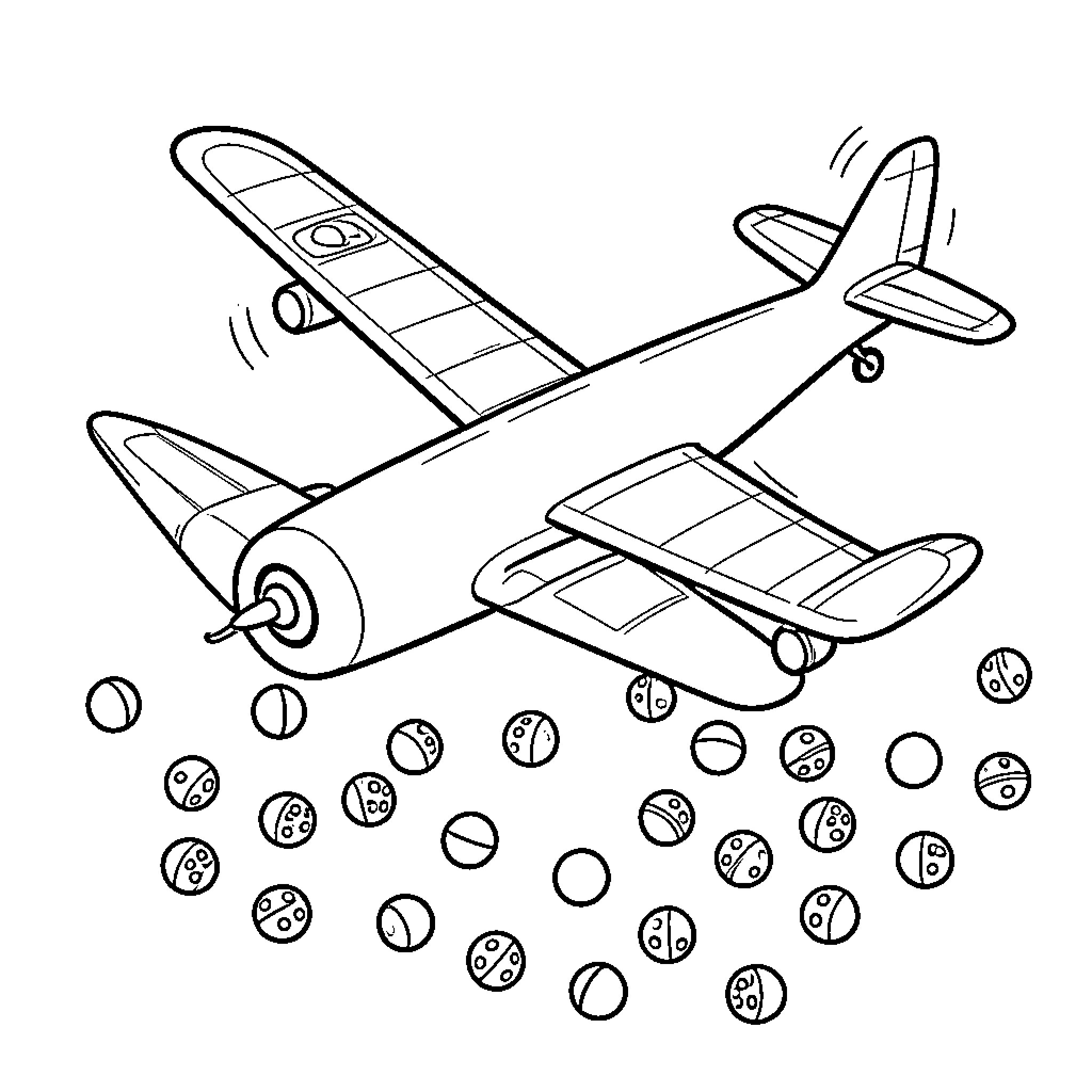 Avión flying through the sky dropping small objects Coloring Page (free black-and-white line drawing printable PDF for all, from beginners to advanced learners, including children, teens, adults, and seniors)