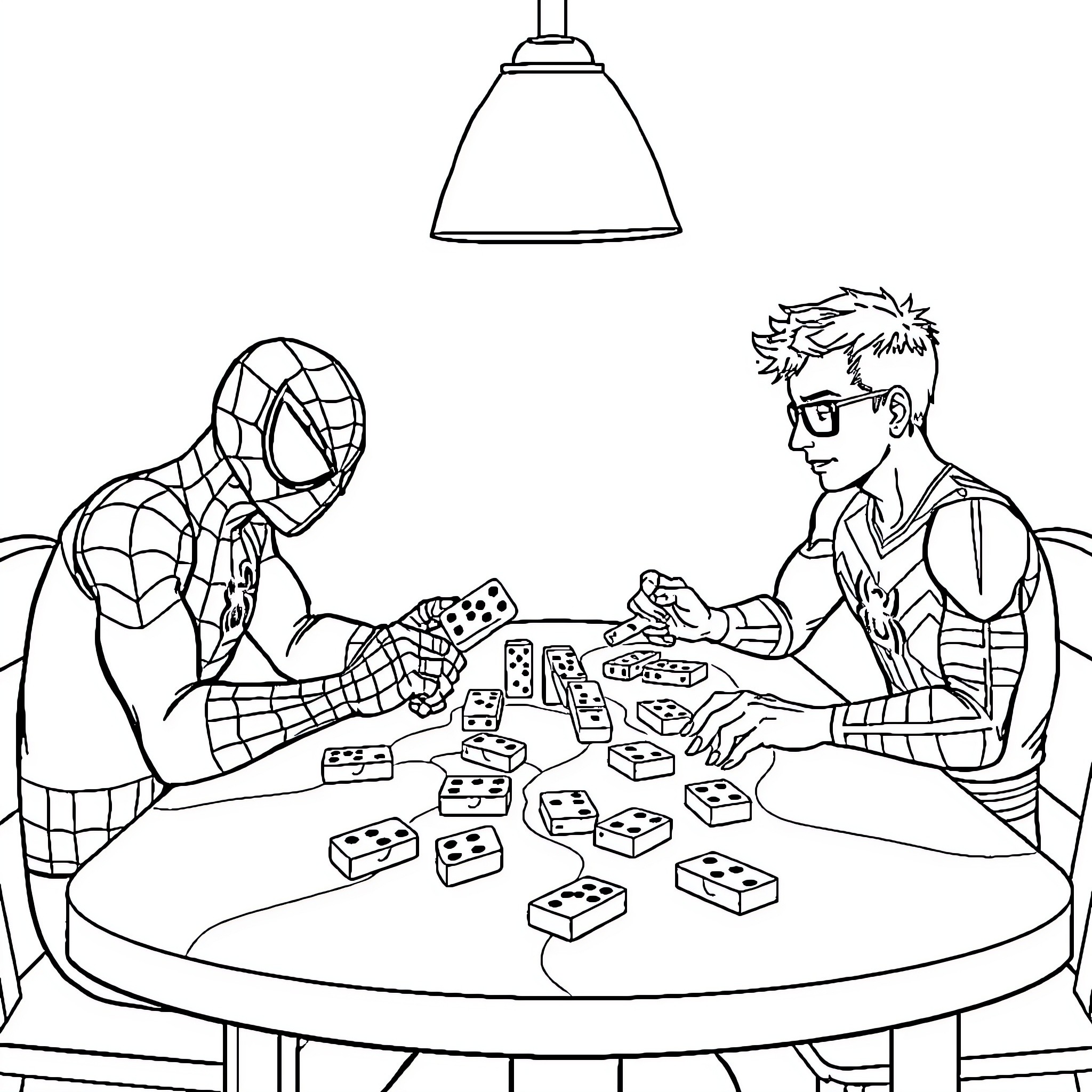 Spiderman and friend play with toys together Coloring Page (free black-and-white line drawing printable PDF for all, from beginners to advanced learners, including children, teens, adults, and seniors)