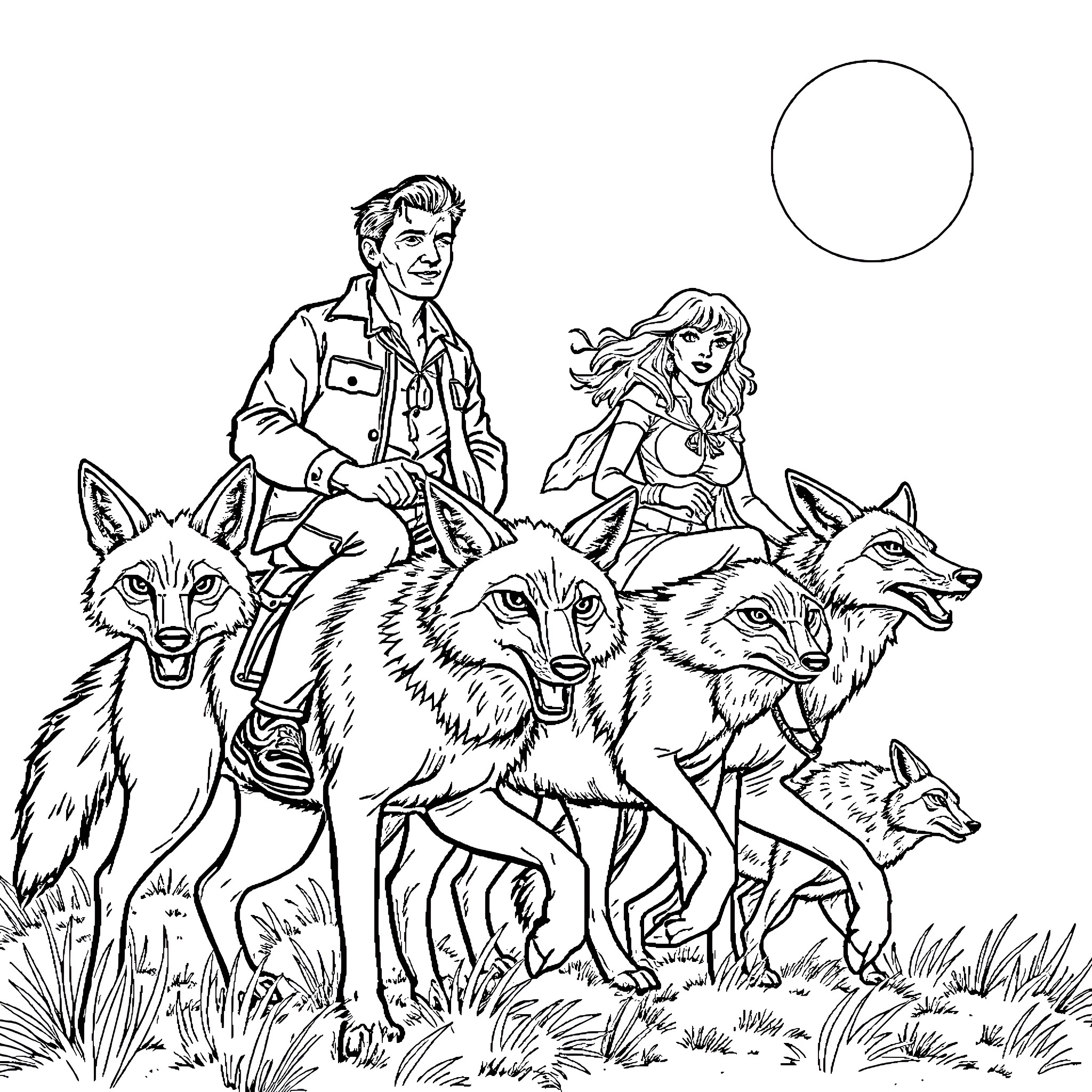 Coyote Companions in the Wild Coloring Page (free black-and-white line drawing printable PDF for all, from beginners to advanced learners, including children, teens, adults, and seniors)