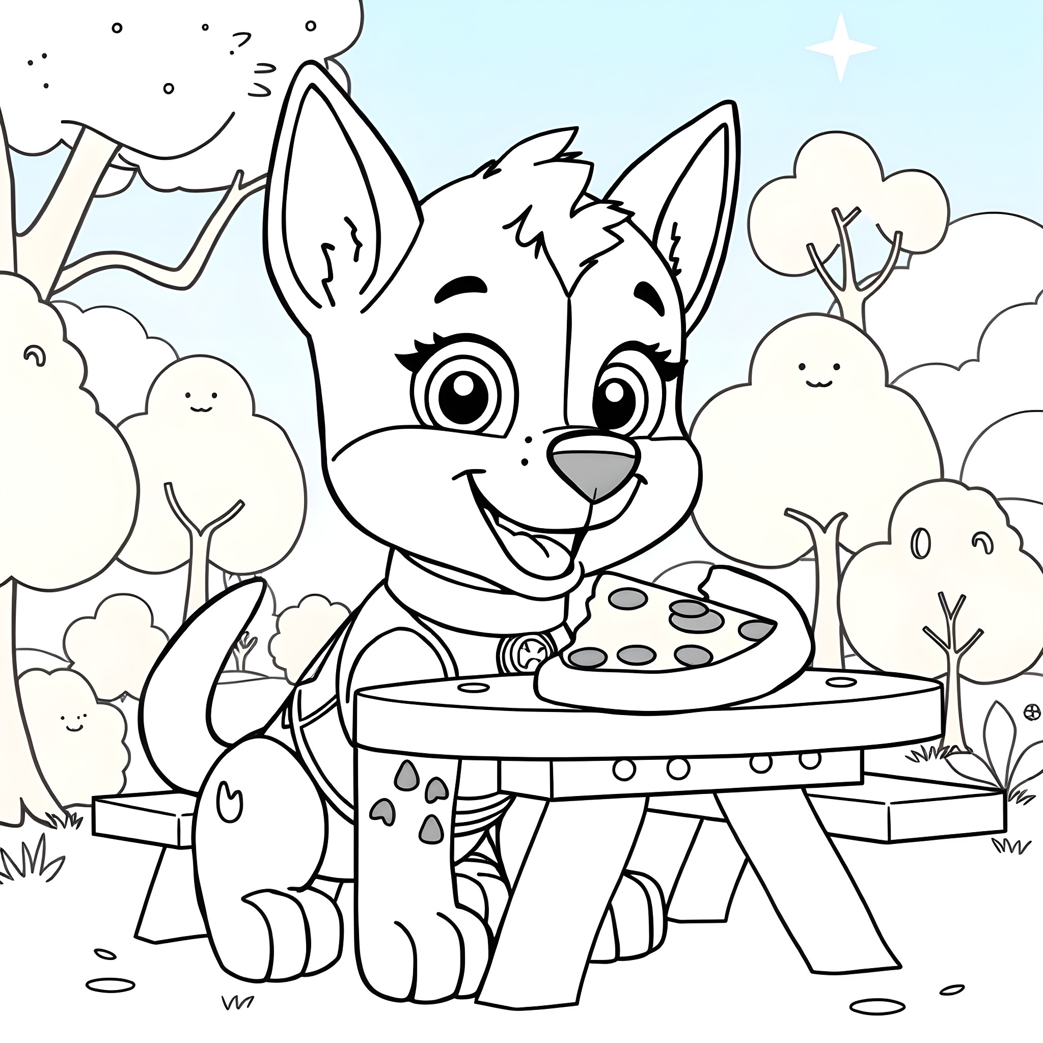 Sky picnic with happy puppy in the park Coloring Page (free black-and-white line drawing printable PDF for all, from beginners to advanced learners, including children, teens, adults, and seniors)