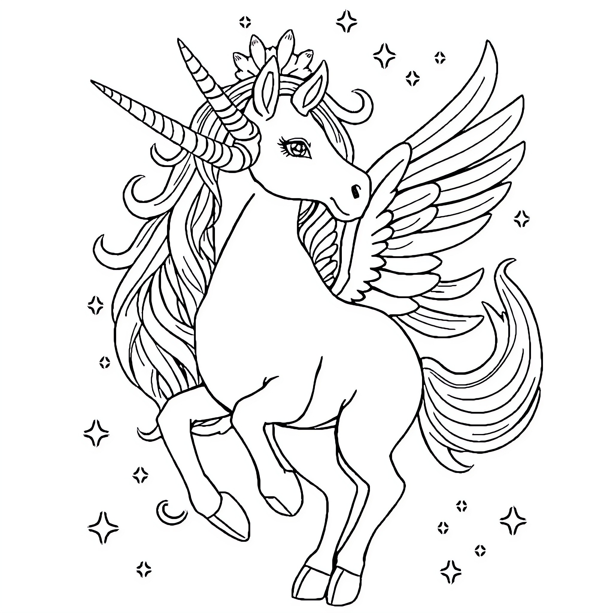 Unicorn soaring through a starry night Coloring Page (free black-and-white line drawing printable PDF for all, from beginners to advanced learners, including children, teens, adults, and seniors)