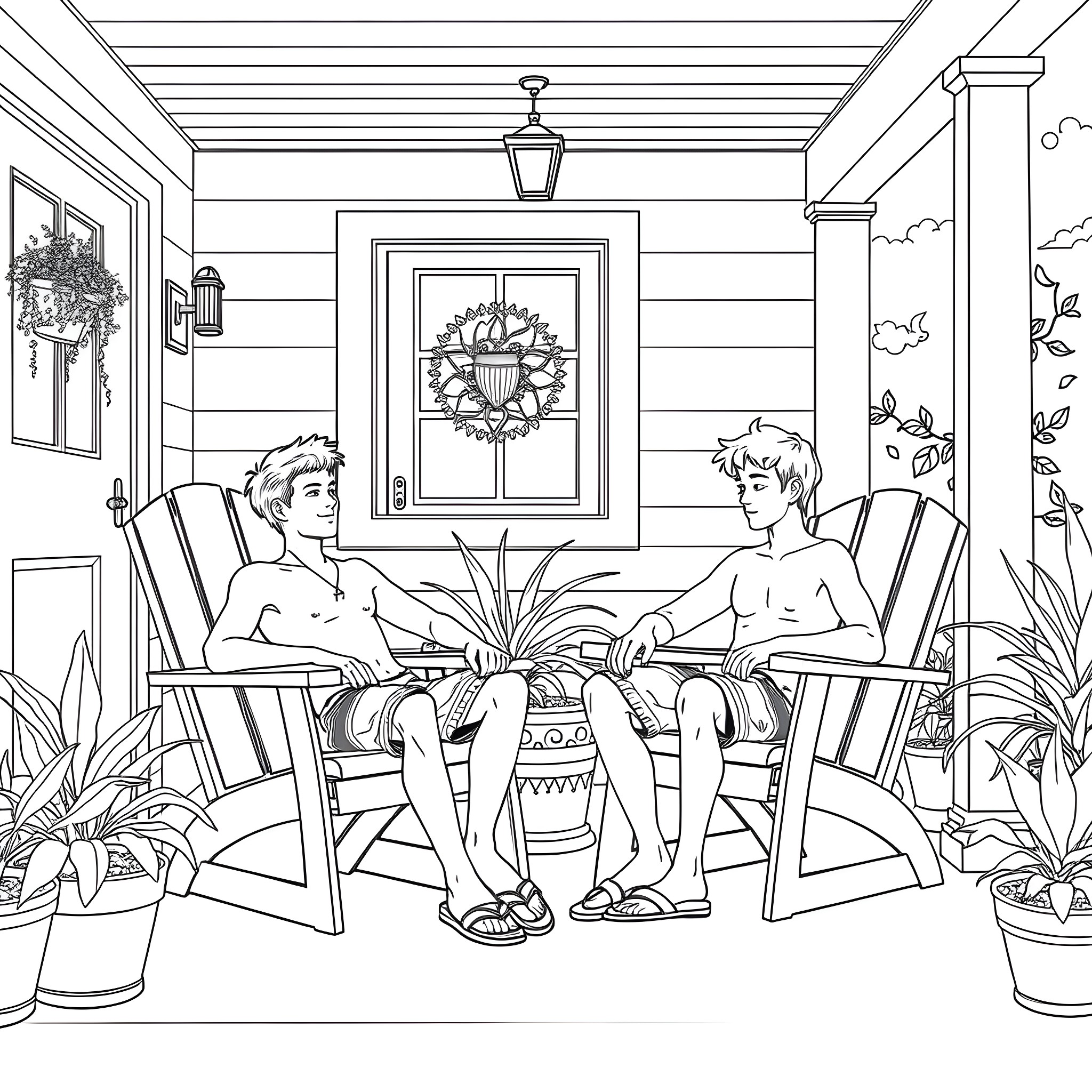 Teen Guys Relaxing on Porch Chairs Coloring Page (free black-and-white line drawing printable PDF for all, from beginners to advanced learners, including children, teens, adults, and seniors)