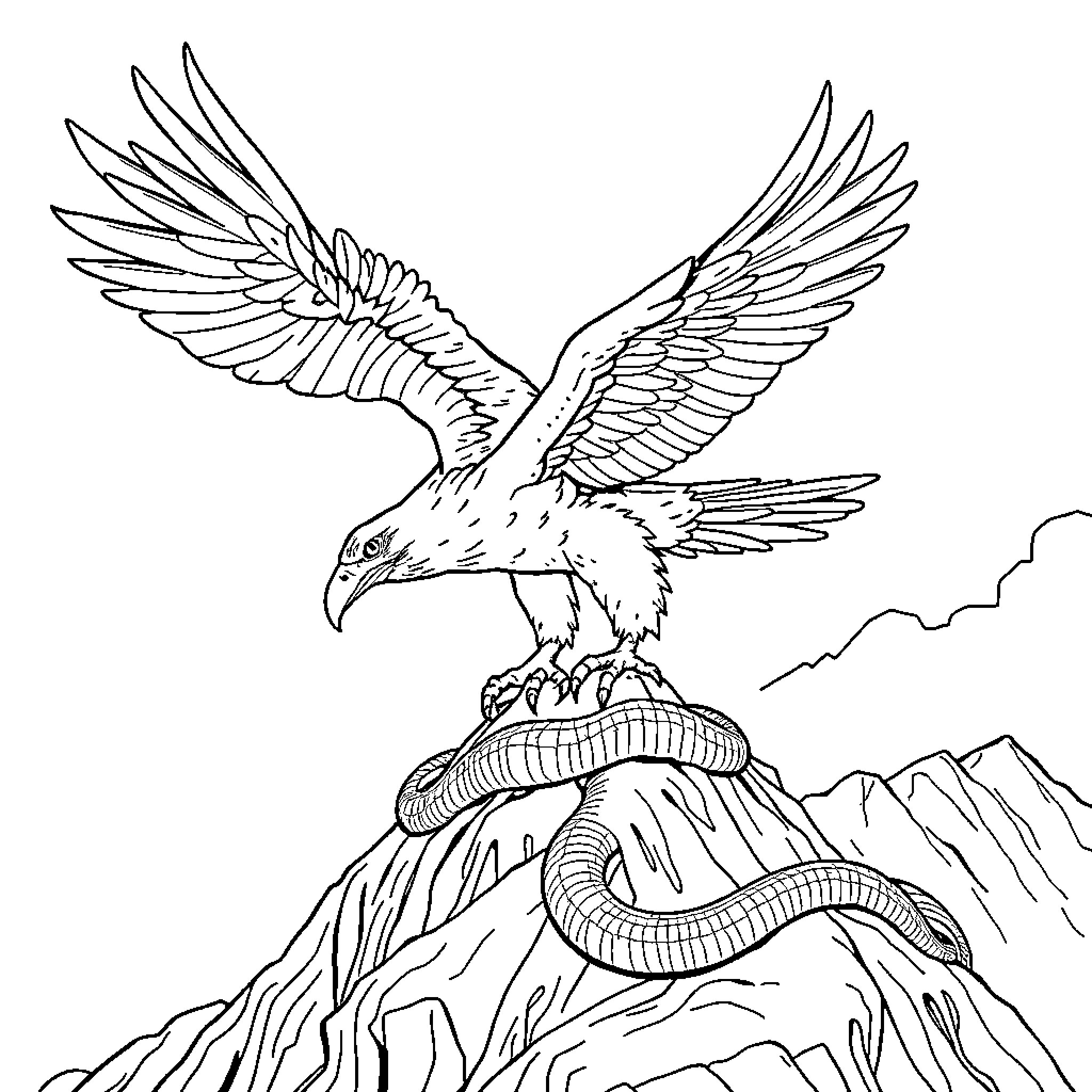 Águila soaring over mountainous landscape Coloring Page (free black-and-white line drawing printable PDF for all, from beginners to advanced learners, including children, teens, adults, and seniors)