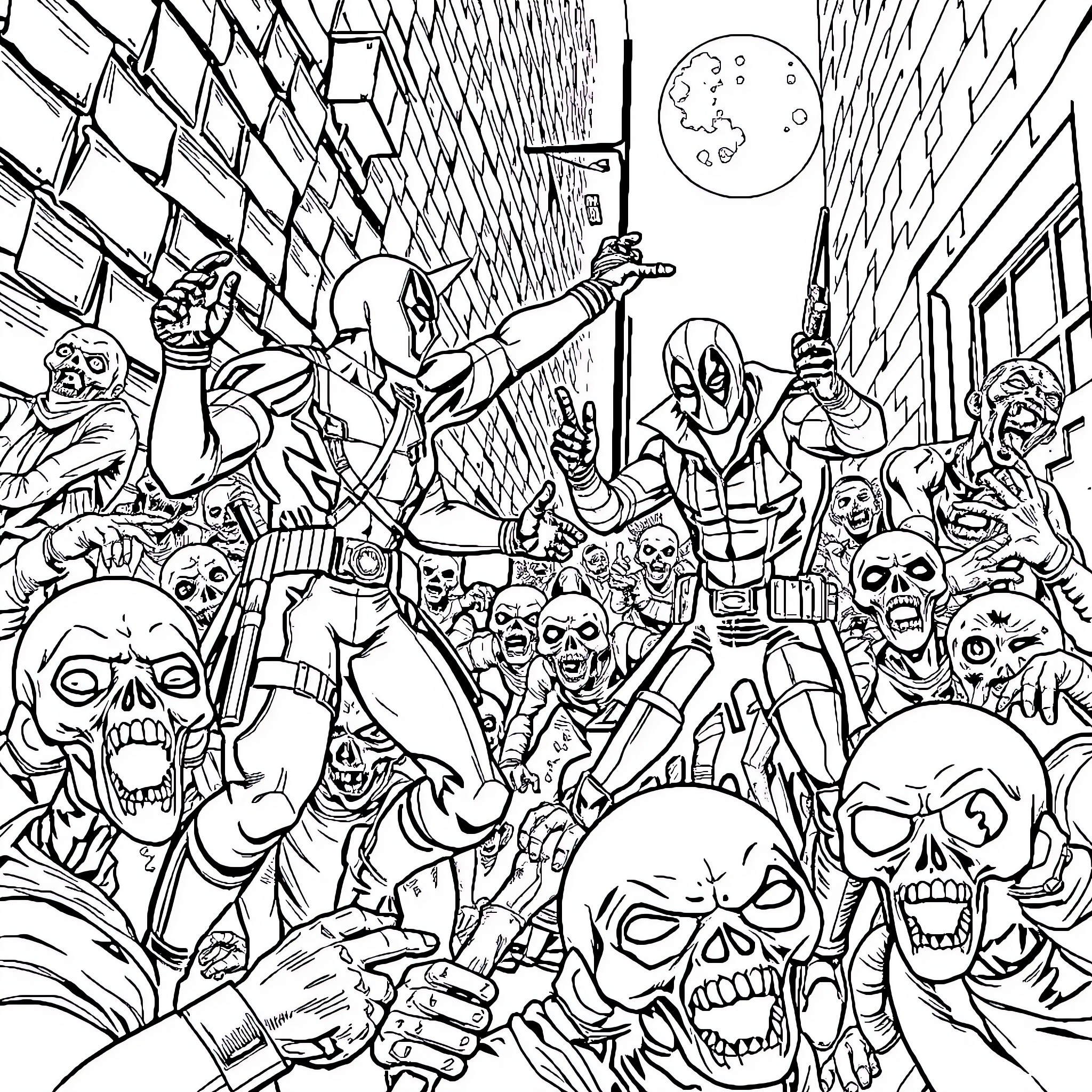 Deadpool leads a chaotic battle against hordes of villainous foes Coloring Page (free black-and-white line drawing printable PDF for all, from beginners to advanced learners, including children, teens, adults, and seniors)