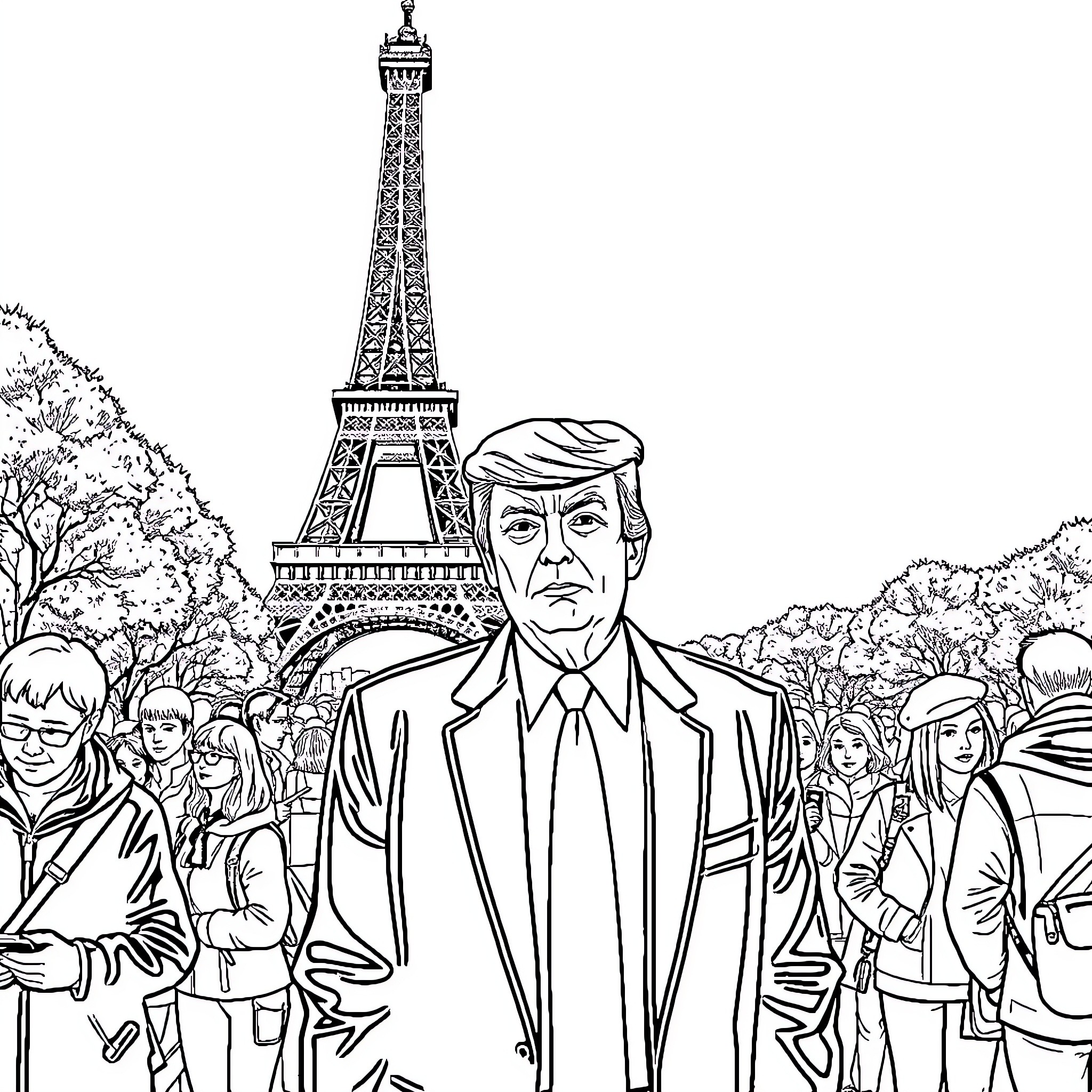 Donald Trump posing in front of the Eiffel Tower with people Coloring Page (free black-and-white line drawing printable PDF for all, from beginners to advanced learners, including children, teens, adults, and seniors)