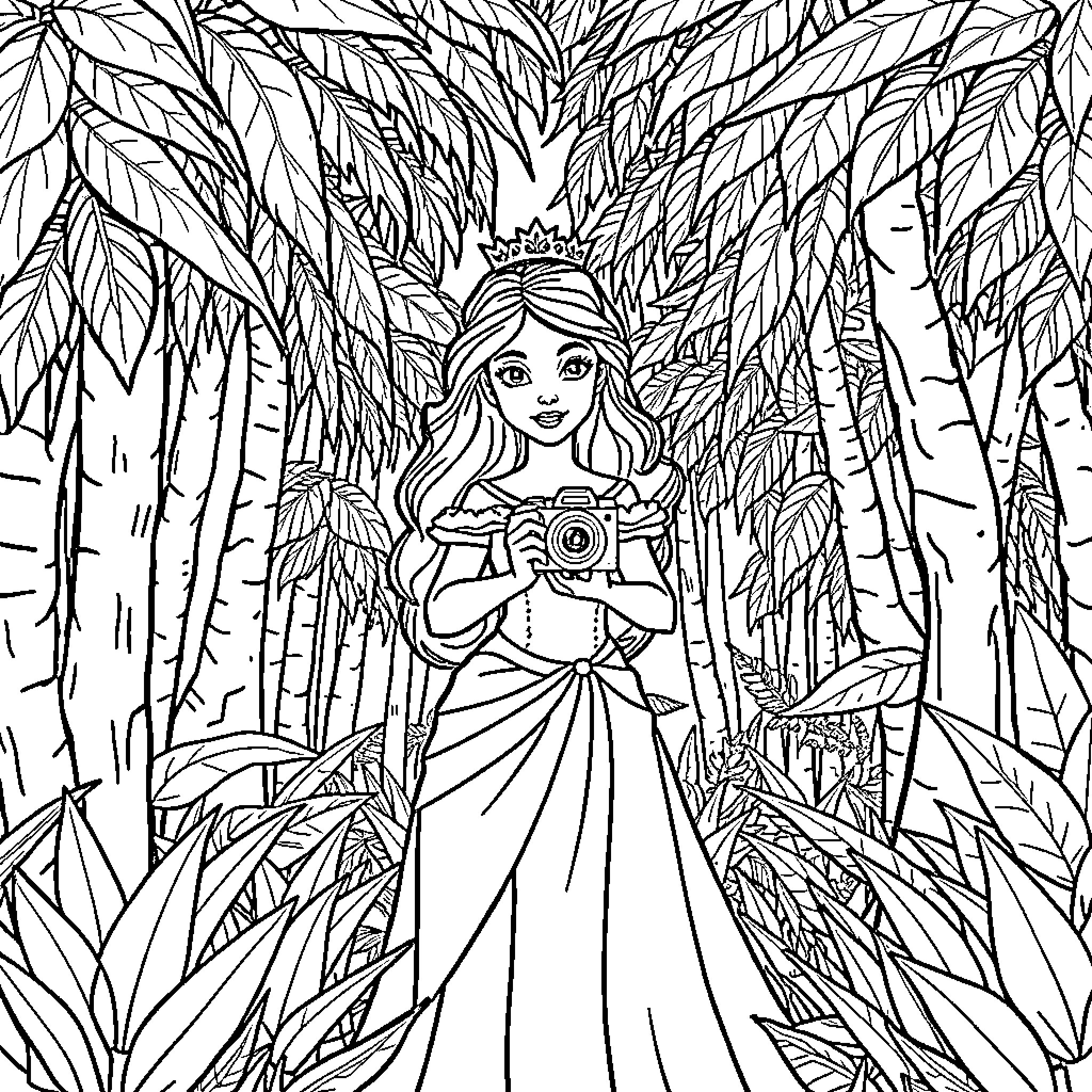 Princess exploring the enchanted forest with her camera Coloring Page (free black-and-white line drawing printable PDF for all, from beginners to advanced learners, including children, teens, adults, and seniors)