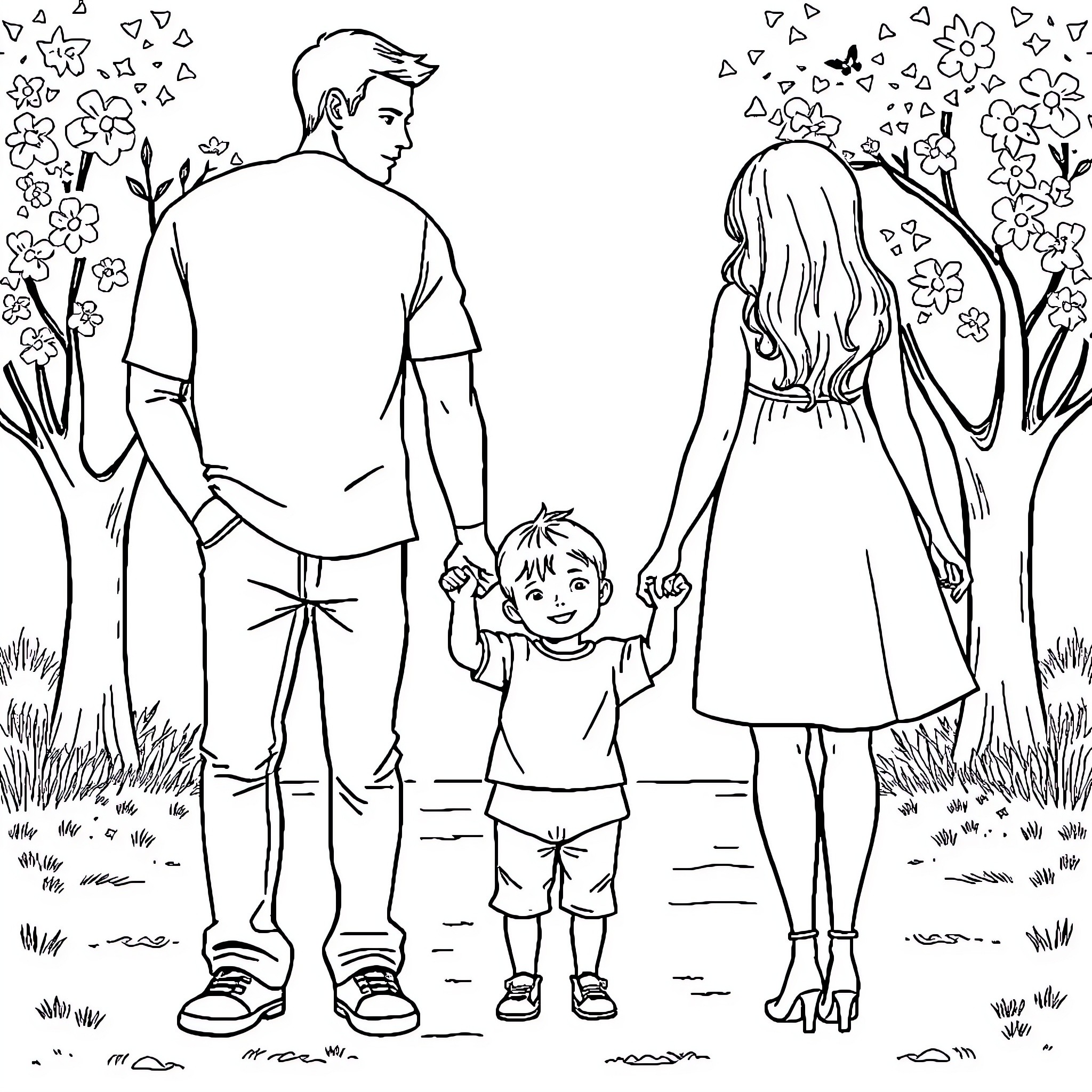 Family exploring nature's beauty together Coloring Page (free black-and-white line drawing printable PDF for all, from beginners to advanced learners, including children, teens, adults, and seniors)