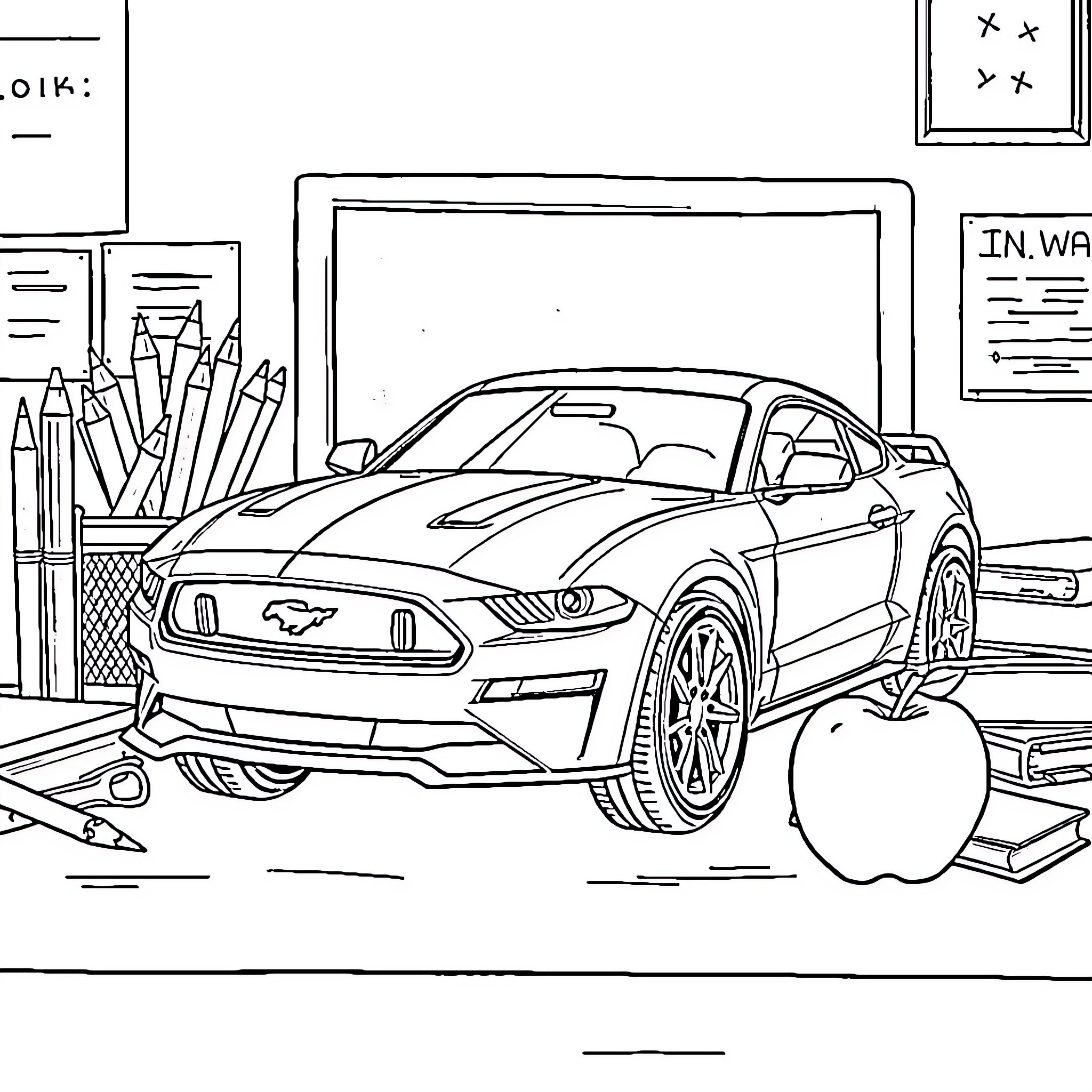 Mustang sports car in workshop setting Coloring Page (free black-and-white line drawing printable PDF for all, from beginners to advanced learners, including children, teens, adults, and seniors)