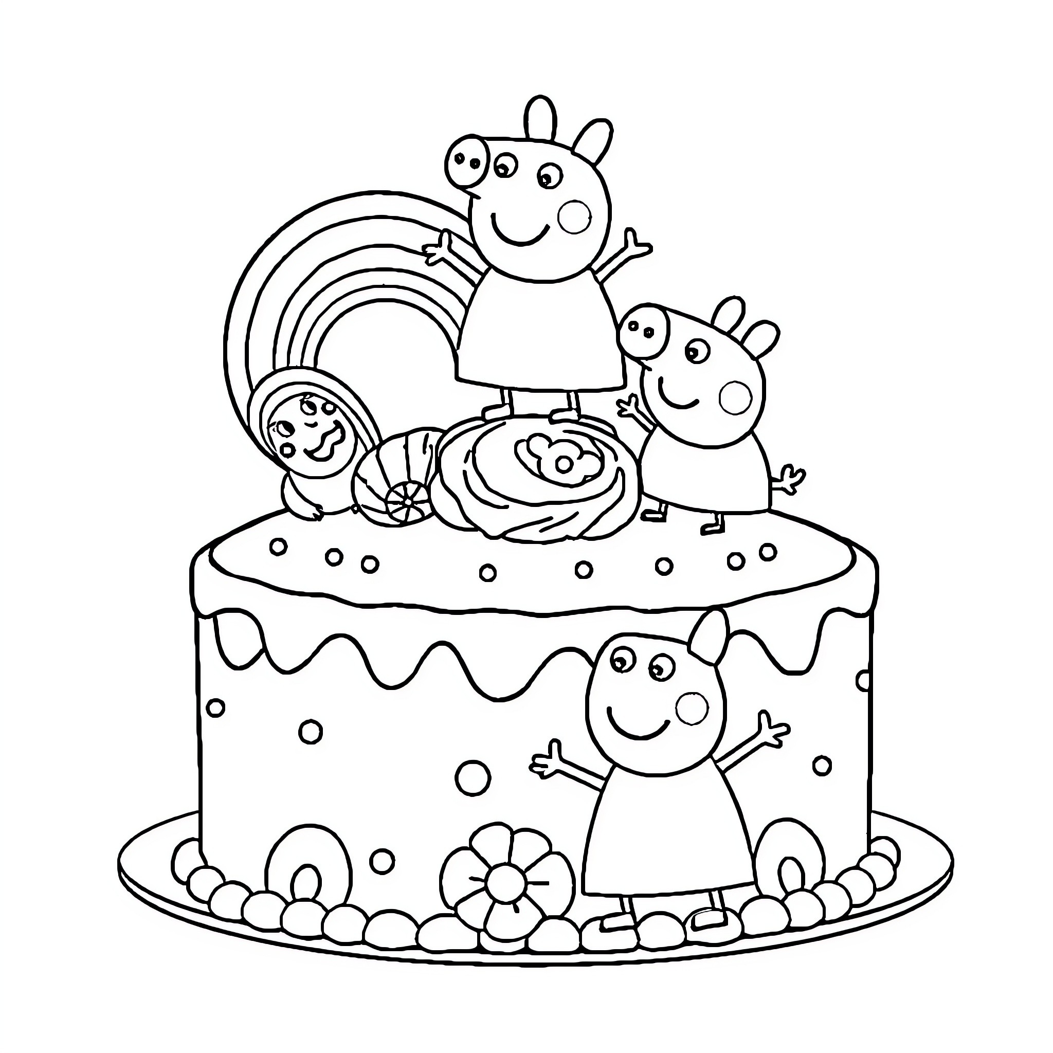 Peppa Pig and Friends on a Decorated Cake Coloring Page (free black-and-white line drawing printable PDF for all, from beginners to advanced learners, including children, teens, adults, and seniors)