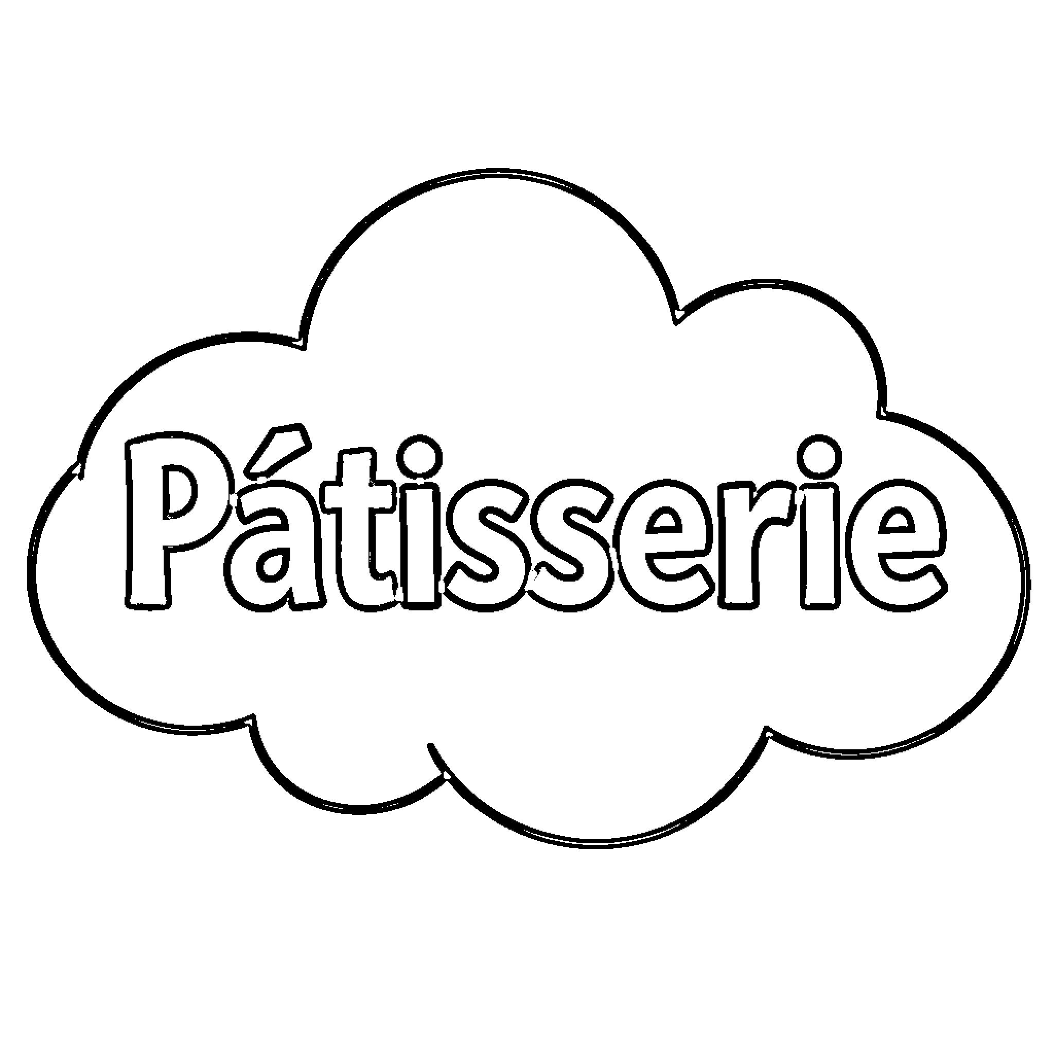 Patisserie text inside a fluffy cloud shape Coloring Page (free black-and-white line drawing printable PDF for all, from beginners to advanced learners, including children, teens, adults, and seniors)