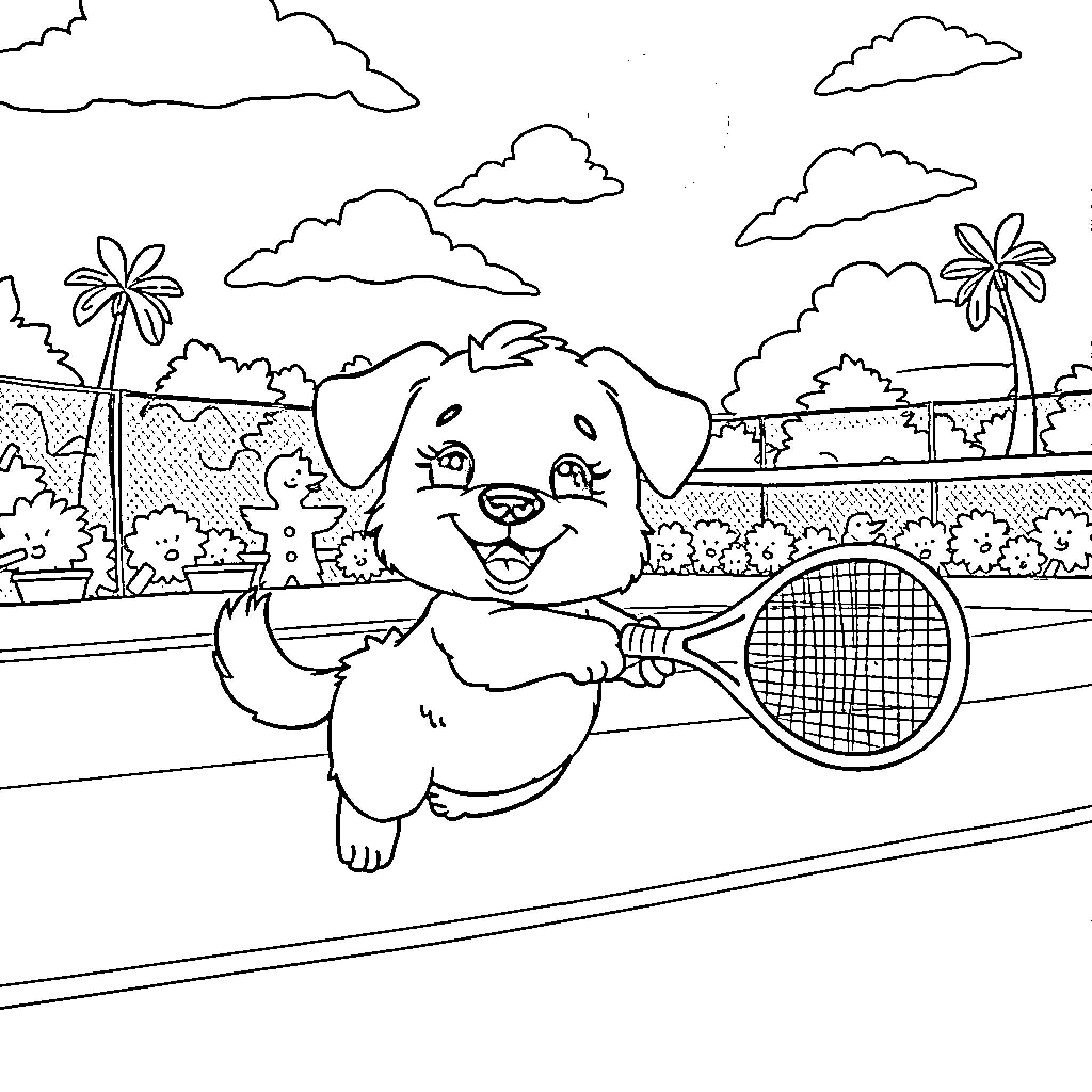 Cinnamaroll playing happily with tennis racket on the court Coloring Page (free black-and-white line drawing printable PDF for all, from beginners to advanced learners, including children, teens, adults, and seniors)