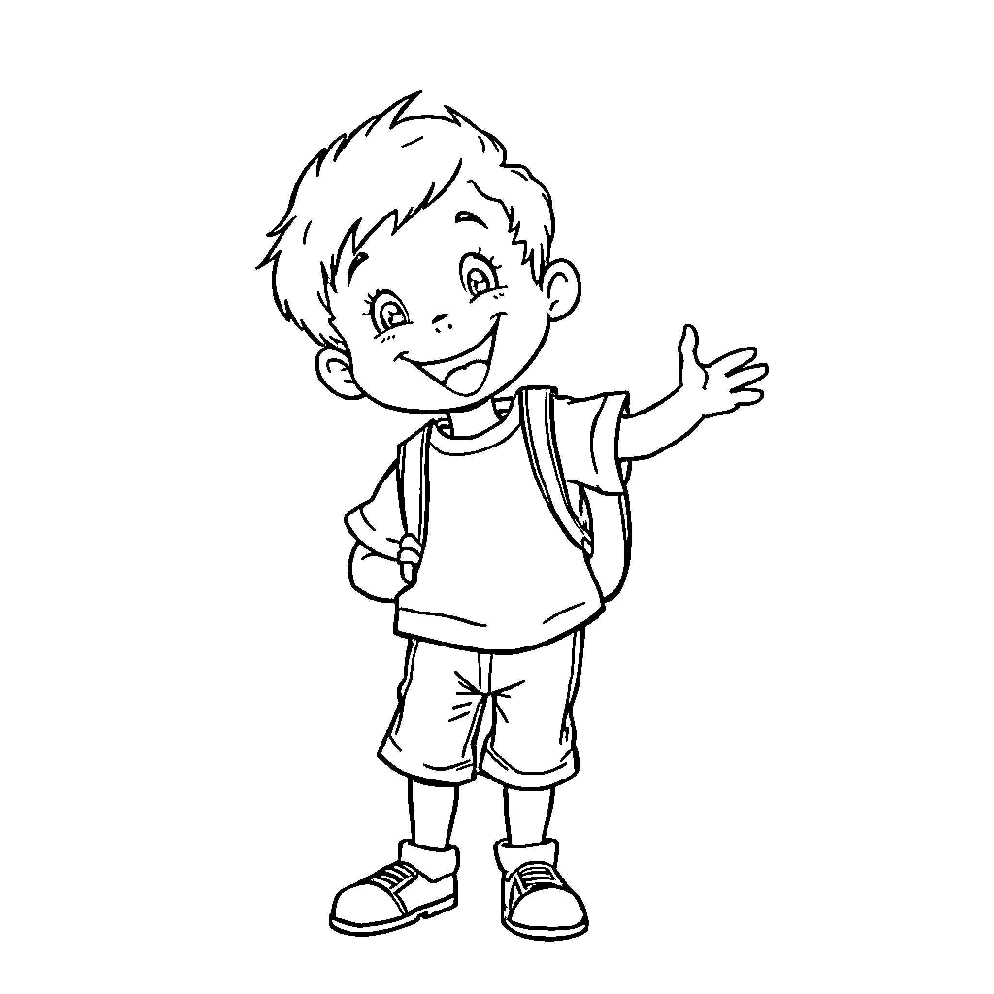Boy happily waving and smiling Coloring Page (free black-and-white line drawing printable PDF for all, from beginners to advanced learners, including children, teens, adults, and seniors)