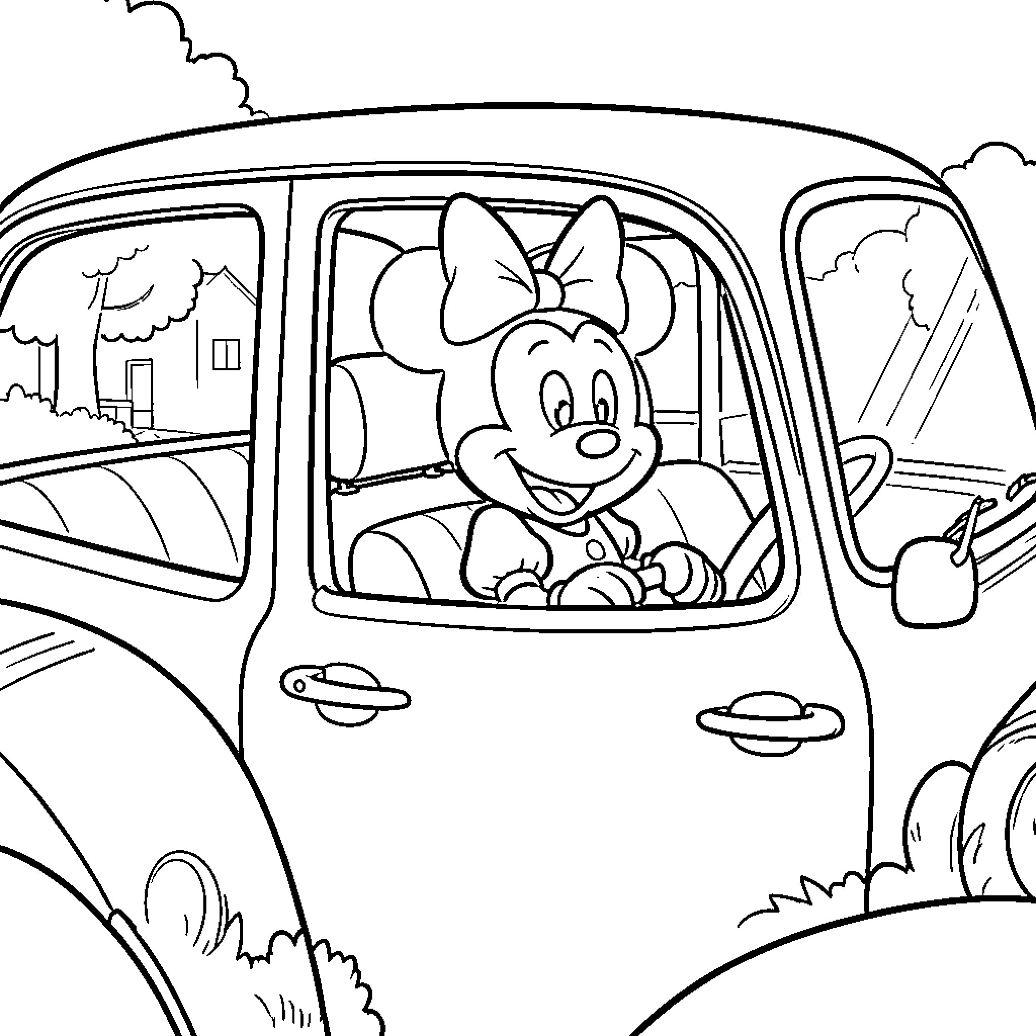 Minnie driving a car happily through the countryside Coloring Page (free black-and-white line drawing printable PDF for all, from beginners to advanced learners, including children, teens, adults, and seniors)