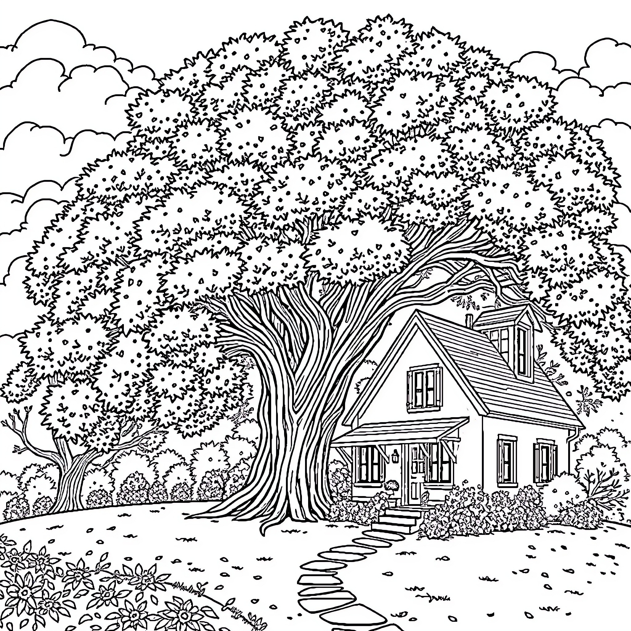 Tree-covered cottage in a peaceful landscape Coloring Page (free black-and-white line drawing printable PDF for all, from beginners to advanced learners, including children, teens, adults, and seniors)