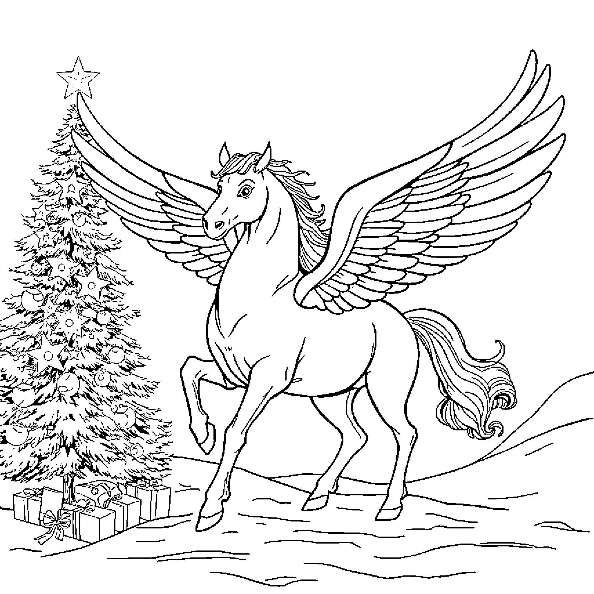 Pegasus Galloping Joyfully near Christmas Tree Coloring Page (free black-and-white line drawing printable PDF for all, from beginners to advanced learners, including children, teens, adults, and seniors)
