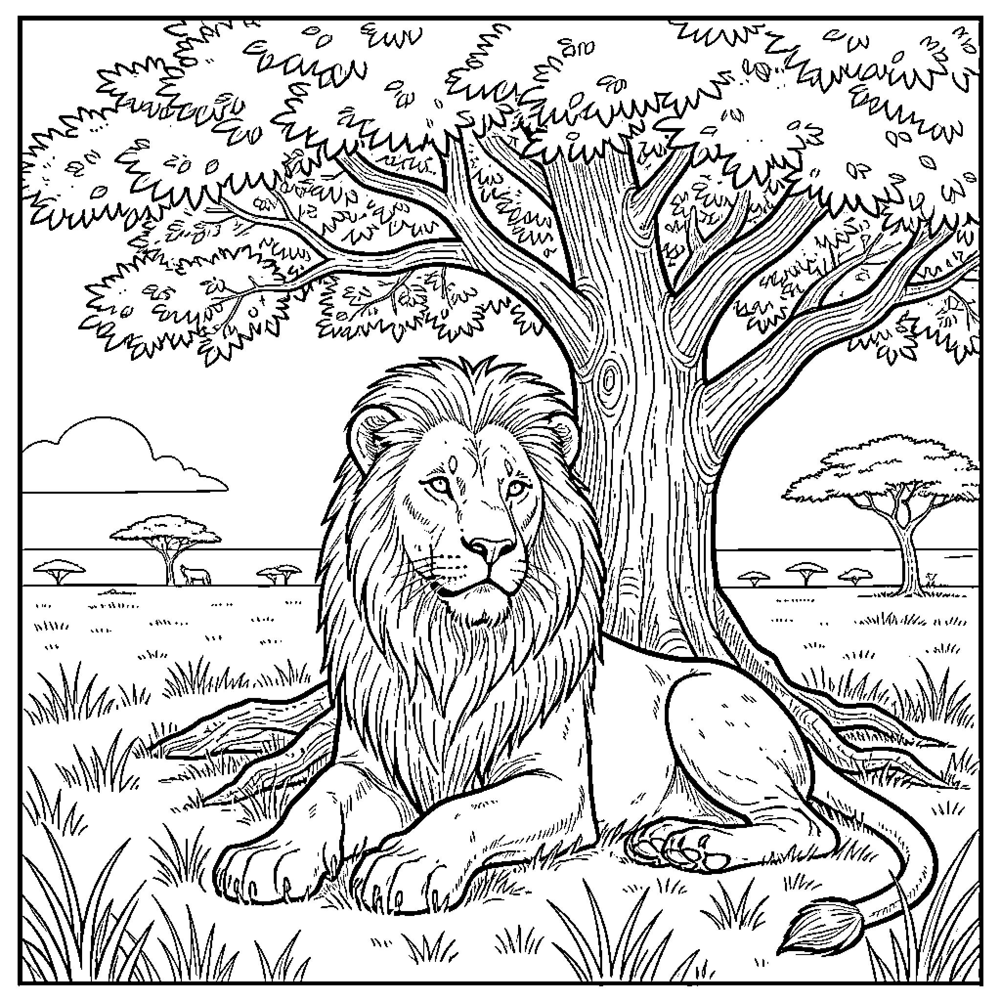 Lion resting under a tree in the savanna Coloring Page (free black-and-white line drawing printable PDF for all, from beginners to advanced learners, including children, teens, adults, and seniors)