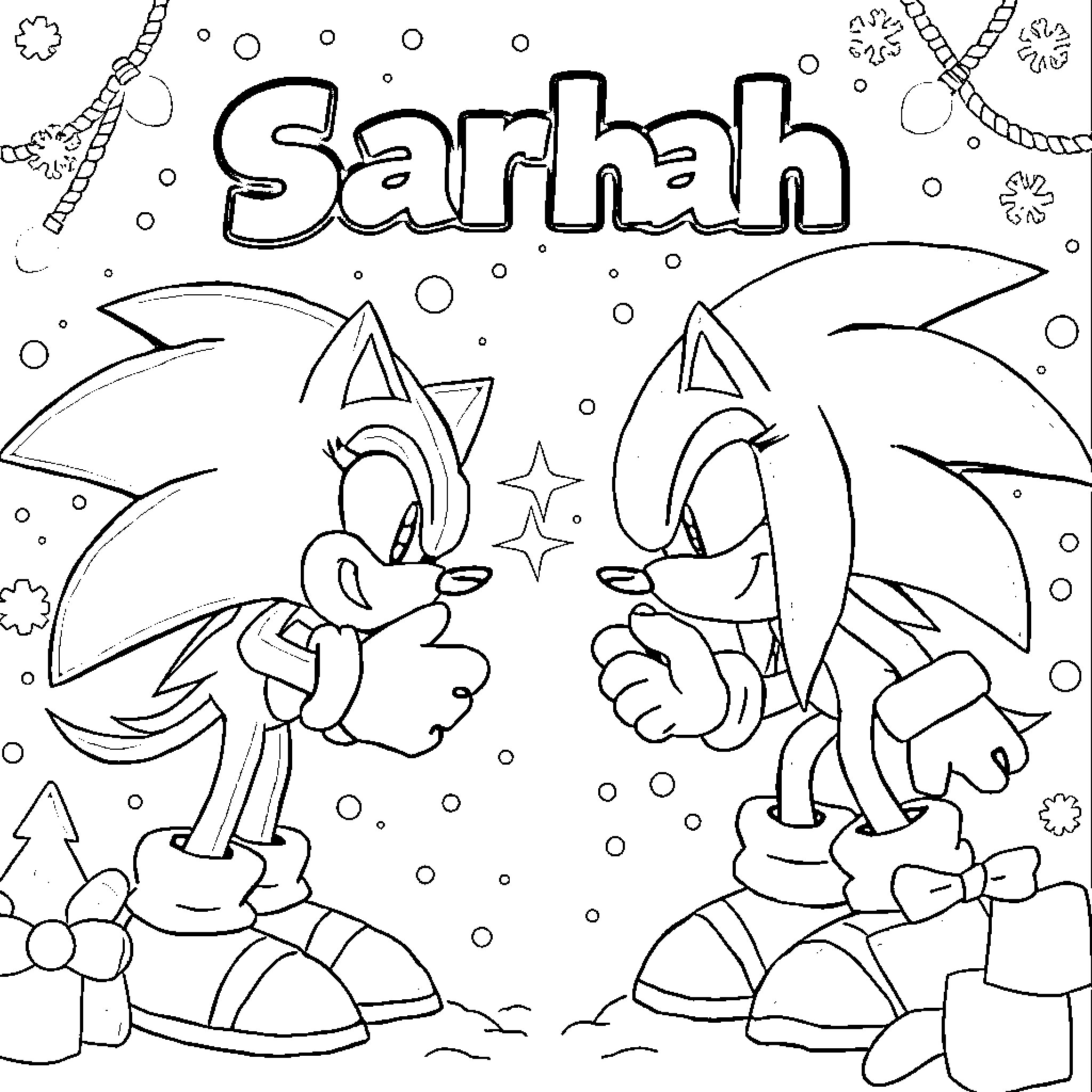 Sonic characters playing in winter wonderland Coloring Page (free black-and-white line drawing printable PDF for all, from beginners to advanced learners, including children, teens, adults, and seniors)