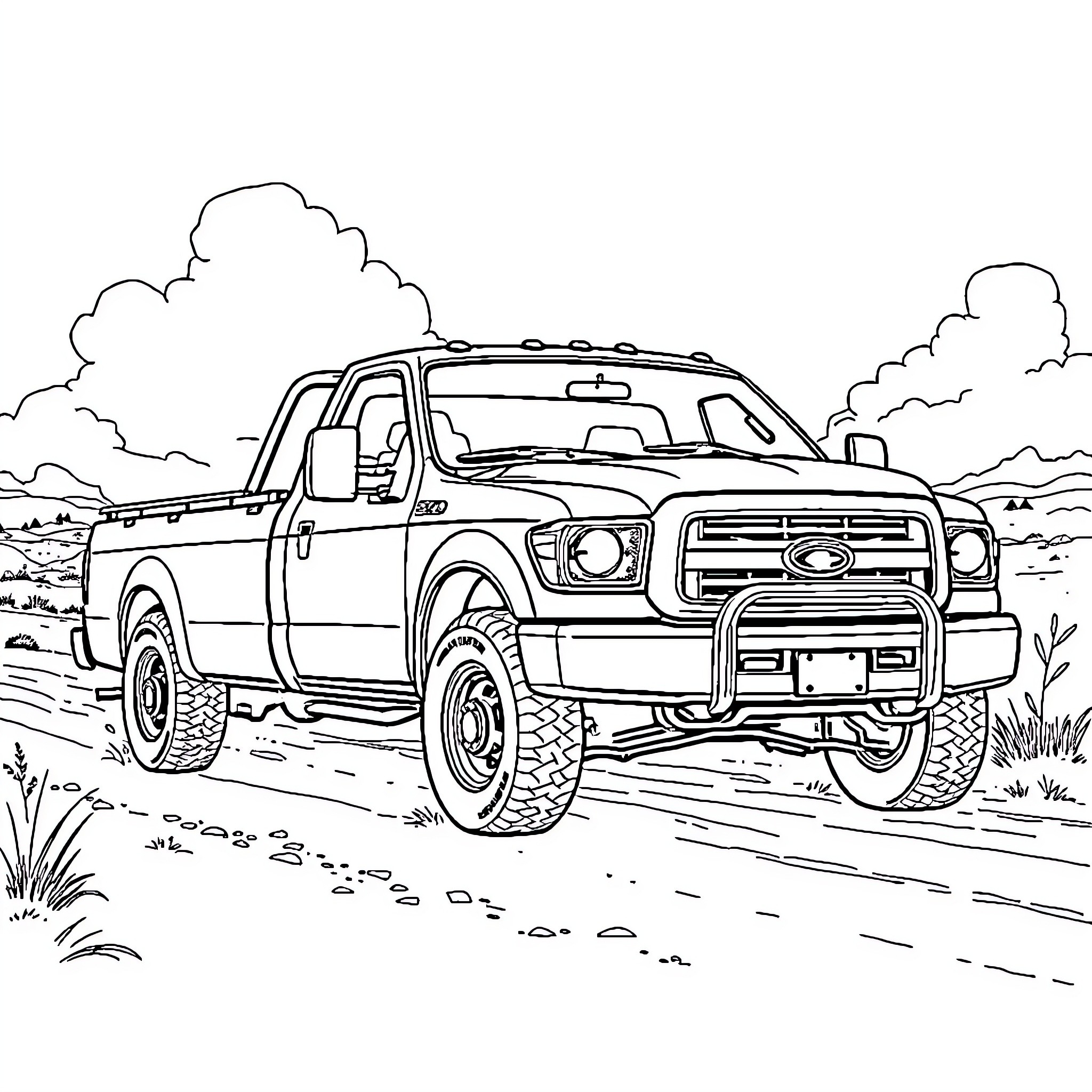 Truck traversing rugged terrain on a dirt road Coloring Page (free black-and-white line drawing printable PDF for all, from beginners to advanced learners, including children, teens, adults, and seniors)
