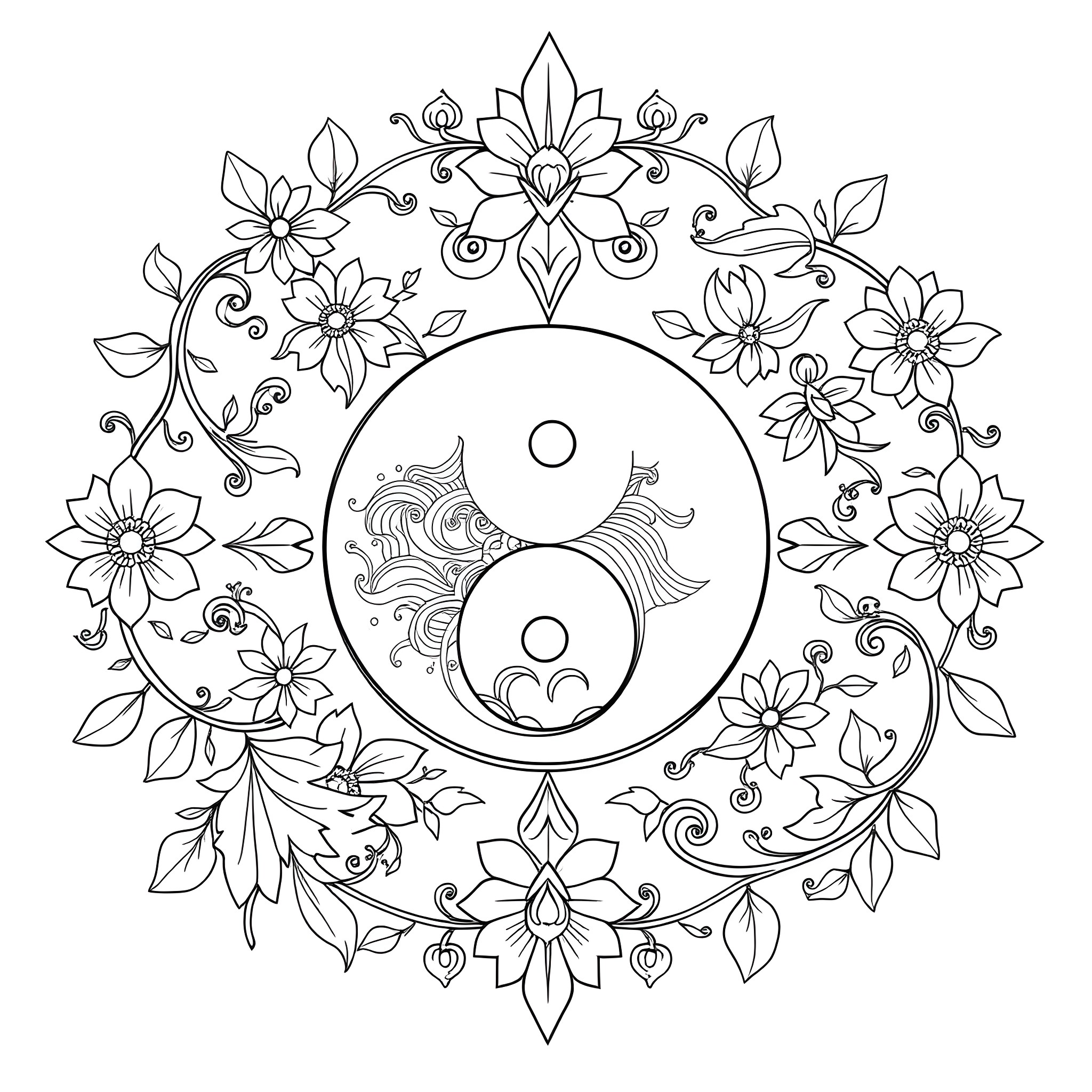 Yin Yang Floral Mandala Coloring Page (free black-and-white line drawing printable PDF for all, from beginners to advanced learners, including children, teens, adults, and seniors)