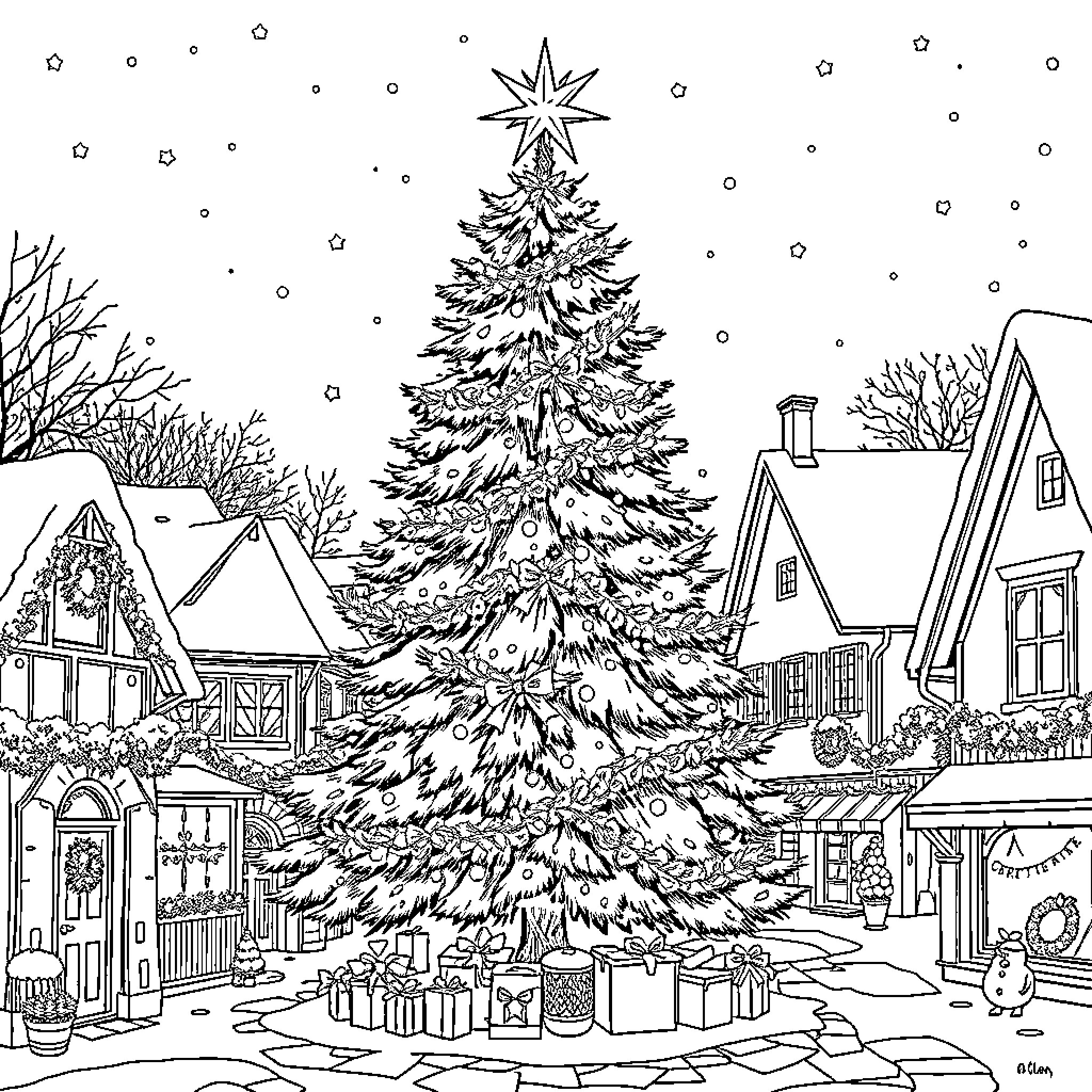 Christmas Tree Adorned in a Winter Wonderland Coloring Page (free black-and-white line drawing printable PDF for all, from beginners to advanced learners, including children, teens, adults, and seniors)