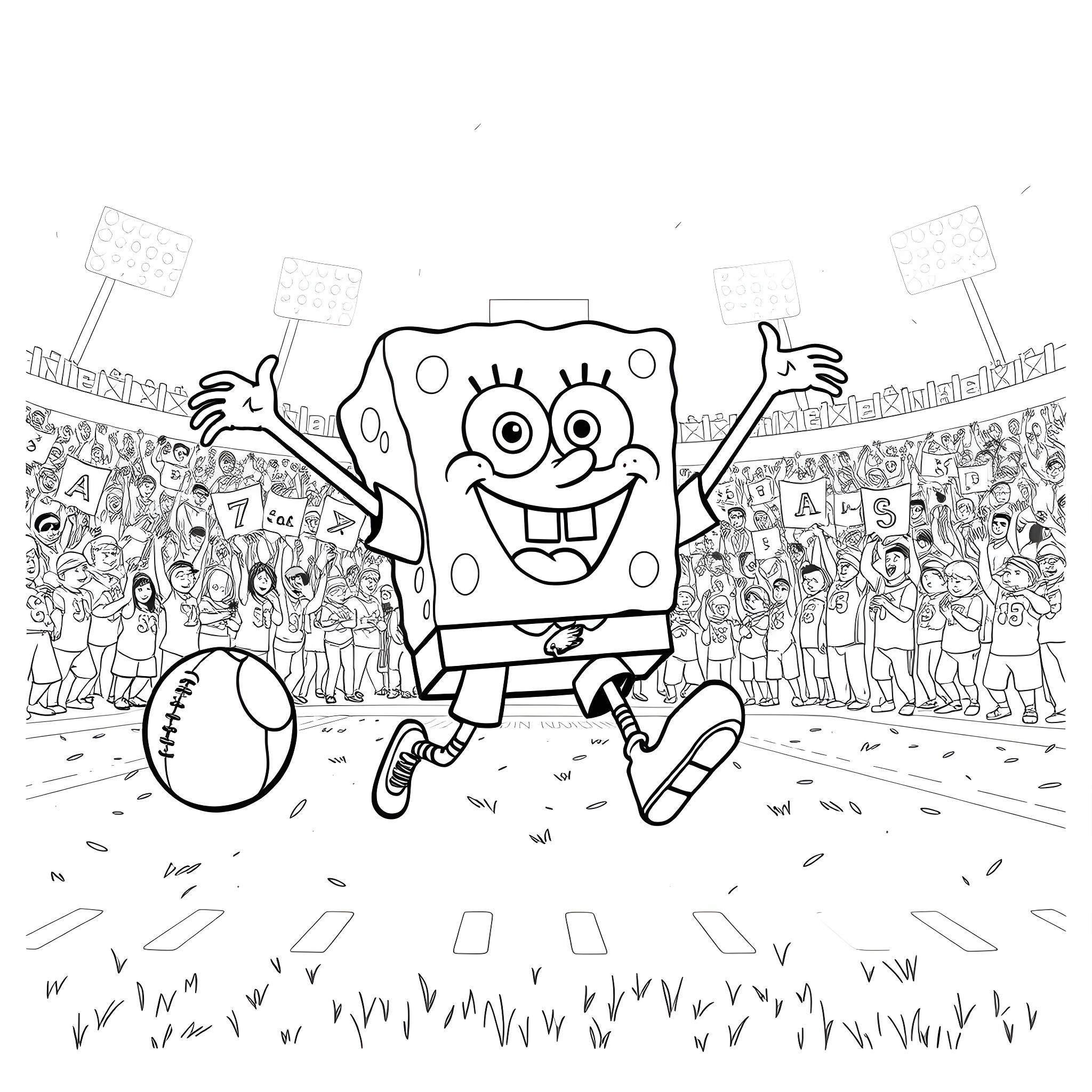 Spongebob jumping happily with a ball on a field Coloring Page (free black-and-white line drawing printable PDF for all, from beginners to advanced learners, including children, teens, adults, and seniors)