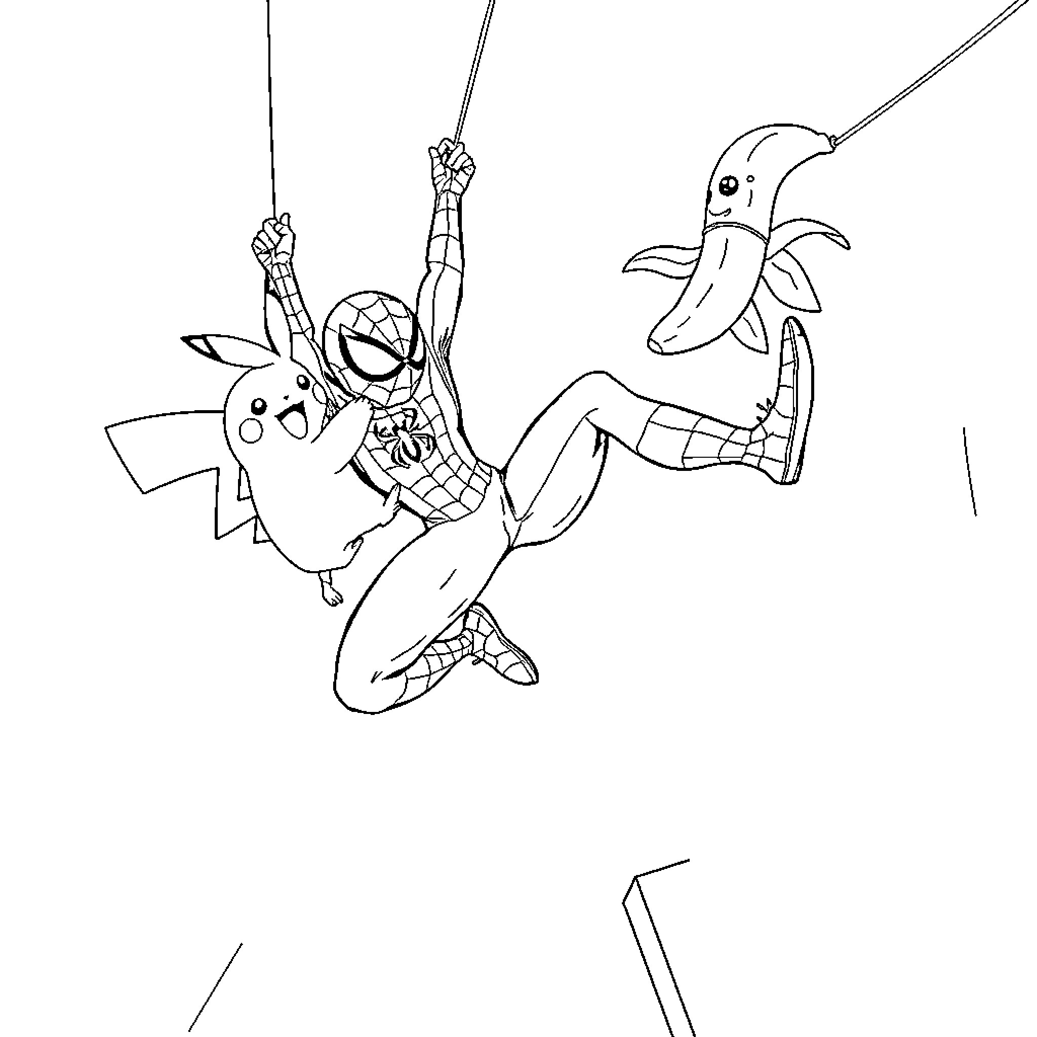 Spiderman swinging with cartoon animal sidekick Coloring Page (free black-and-white line drawing printable PDF for all, from beginners to advanced learners, including children, teens, adults, and seniors)
