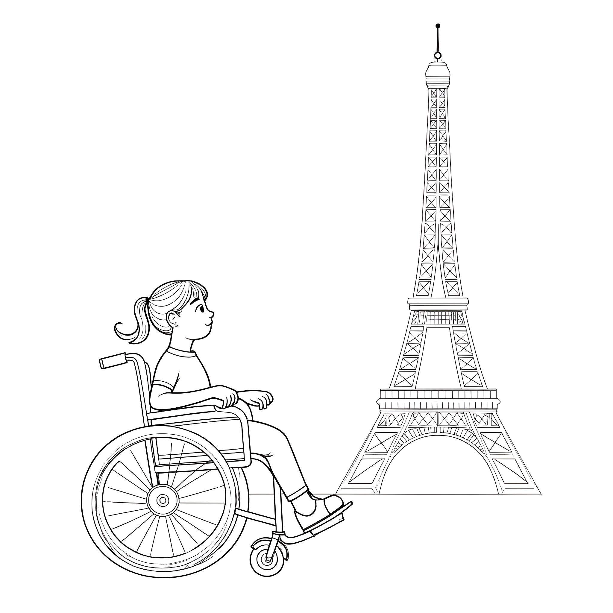 Girl in wheelchair admiring Eiffel Tower Coloring Page (free black-and-white line drawing printable PDF for all, from beginners to advanced learners, including children, teens, adults, and seniors)
