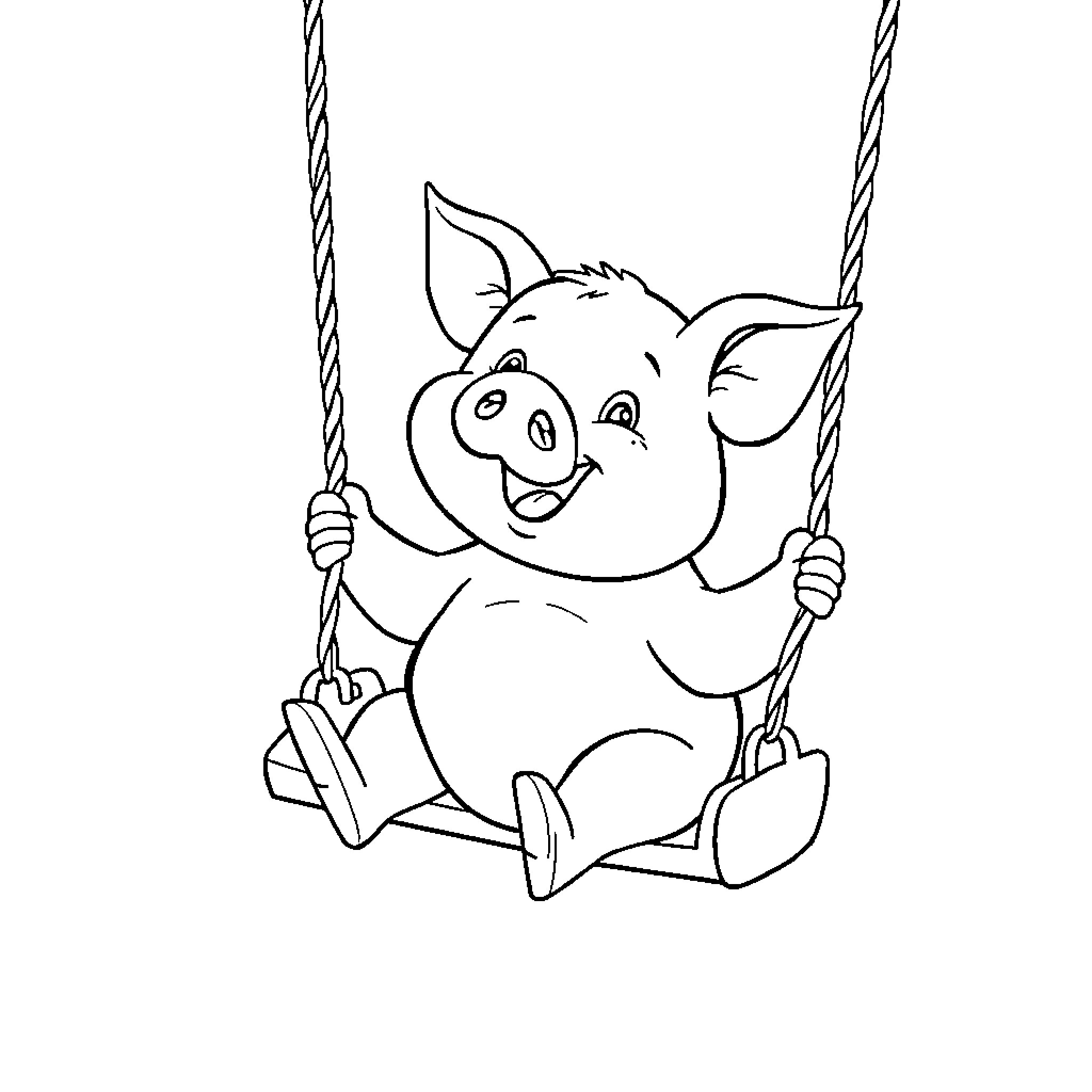 Pig playing happily on a swing Coloring Page (free black-and-white line drawing printable PDF for all, from beginners to advanced learners, including children, teens, adults, and seniors)