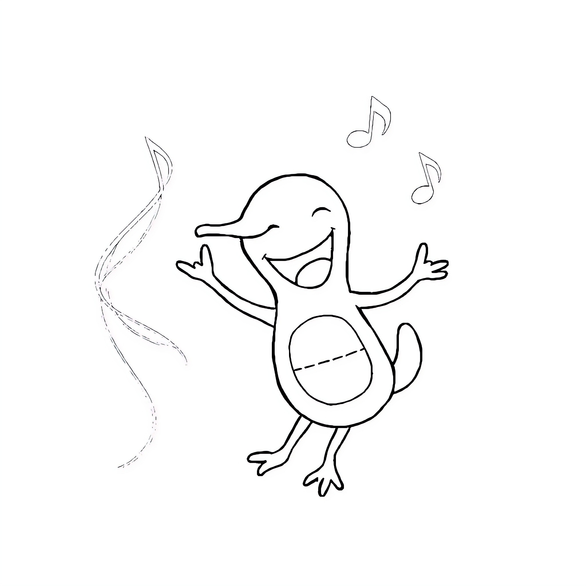 Tralalero Joyful Dancing Duck with Musical Notes Coloring Page (free black-and-white line drawing printable PDF for all, from beginners to advanced learners, including children, teens, adults, and seniors)
