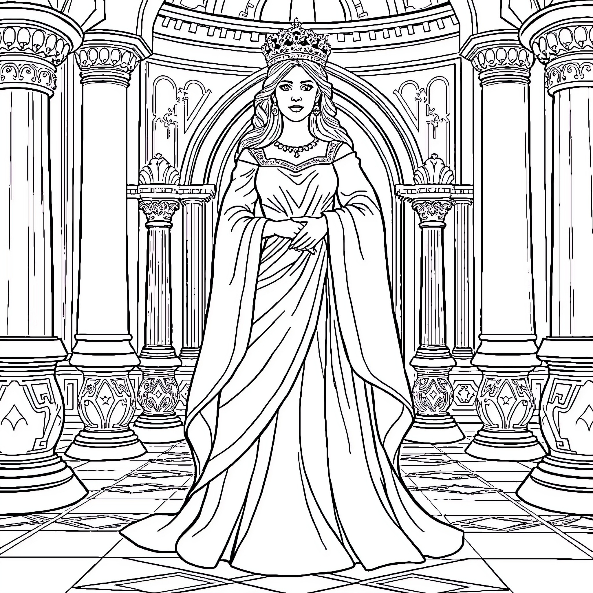 Queen Esther Reigning in a Royal Palace Coloring Page (free black-and-white line drawing printable PDF for all, from beginners to advanced learners, including children, teens, adults, and seniors)