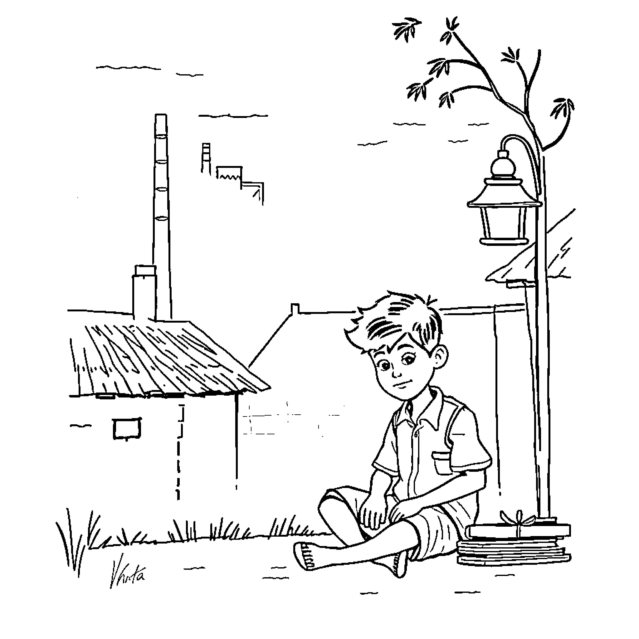 Boy sitting alone on a bench under a street lamp Coloring Page (free black-and-white line drawing printable PDF for all, from beginners to advanced learners, including children, teens, adults, and seniors)