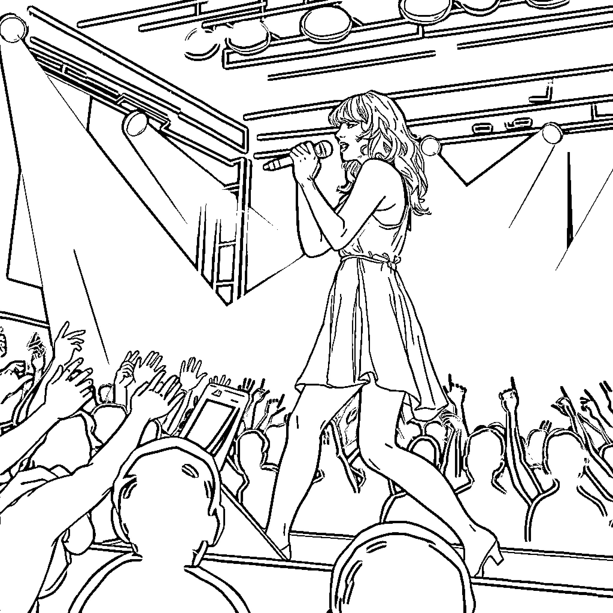 Taylor Swift Performing on Stage with Enthusiastic Crowd Coloring Page (free black-and-white line drawing printable PDF for all, from beginners to advanced learners, including children, teens, adults, and seniors)