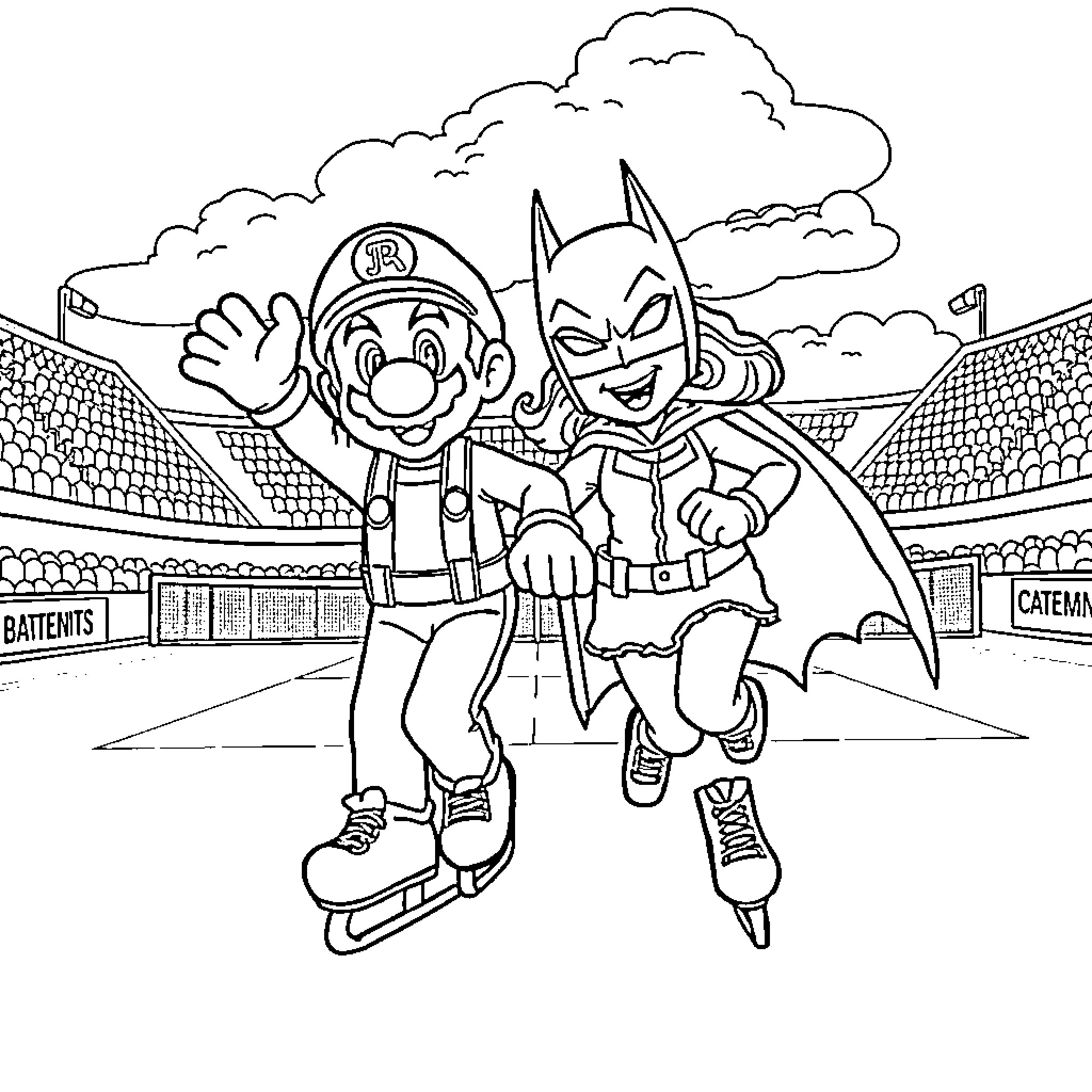 Super Mario and Batman Race Together on the Field Coloring Page (free black-and-white line drawing printable PDF for all, from beginners to advanced learners, including children, teens, adults, and seniors)