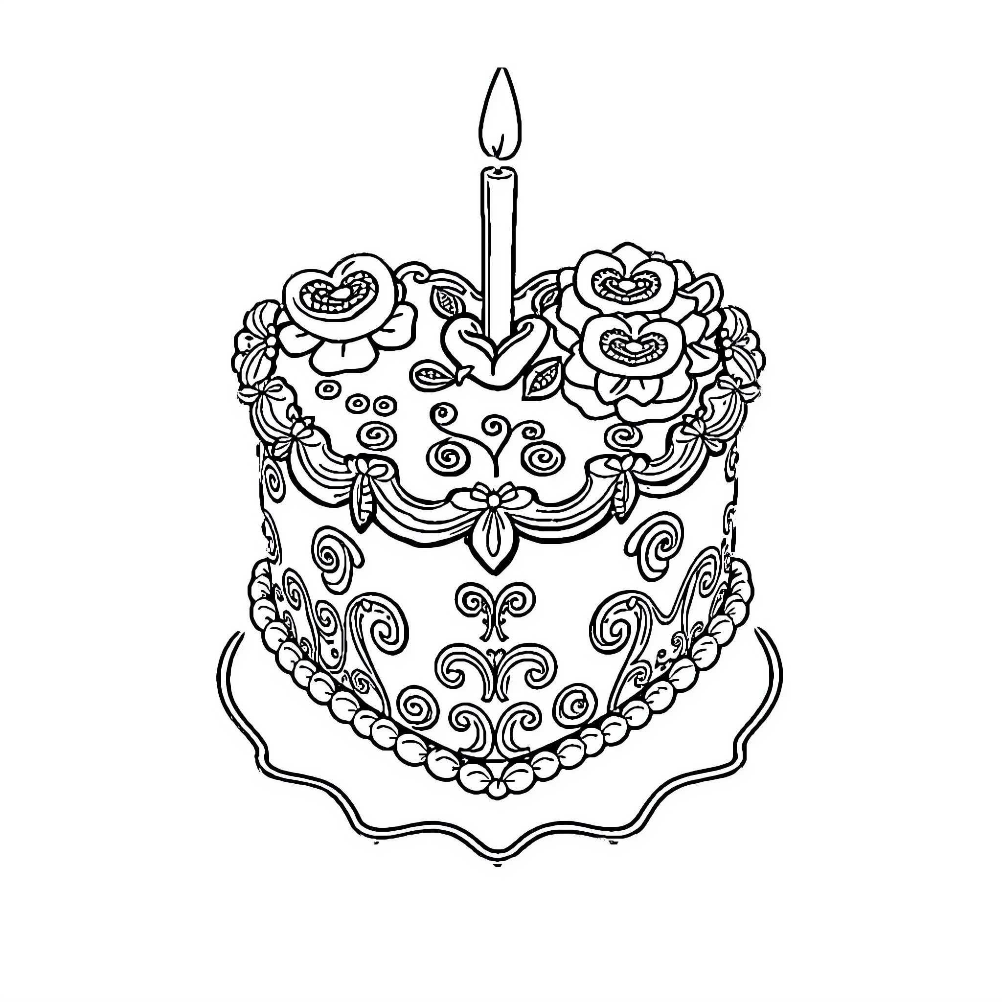 Heart-Shaped Birthday Cake with Decorative Designs Coloring Page (free black-and-white line drawing printable PDF for all, from beginners to advanced learners, including children, teens, adults, and seniors)