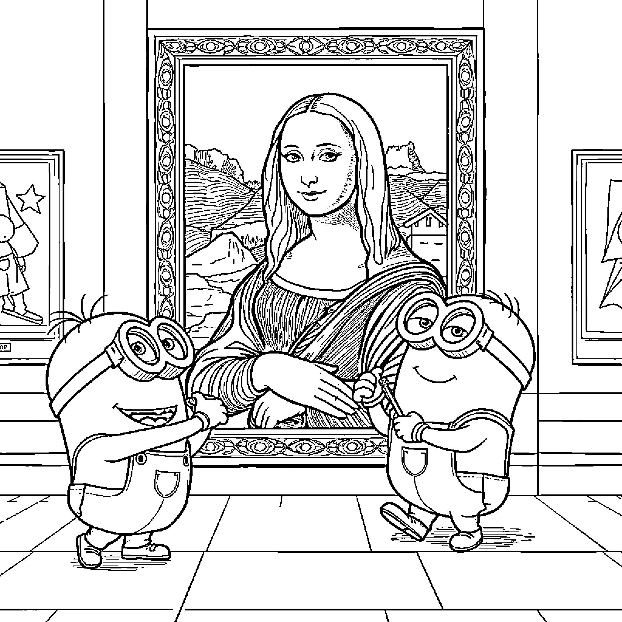 Minions admiring the Mona Lisa painting Coloring Page (free black-and-white line drawing printable PDF for all, from beginners to advanced learners, including children, teens, adults, and seniors)