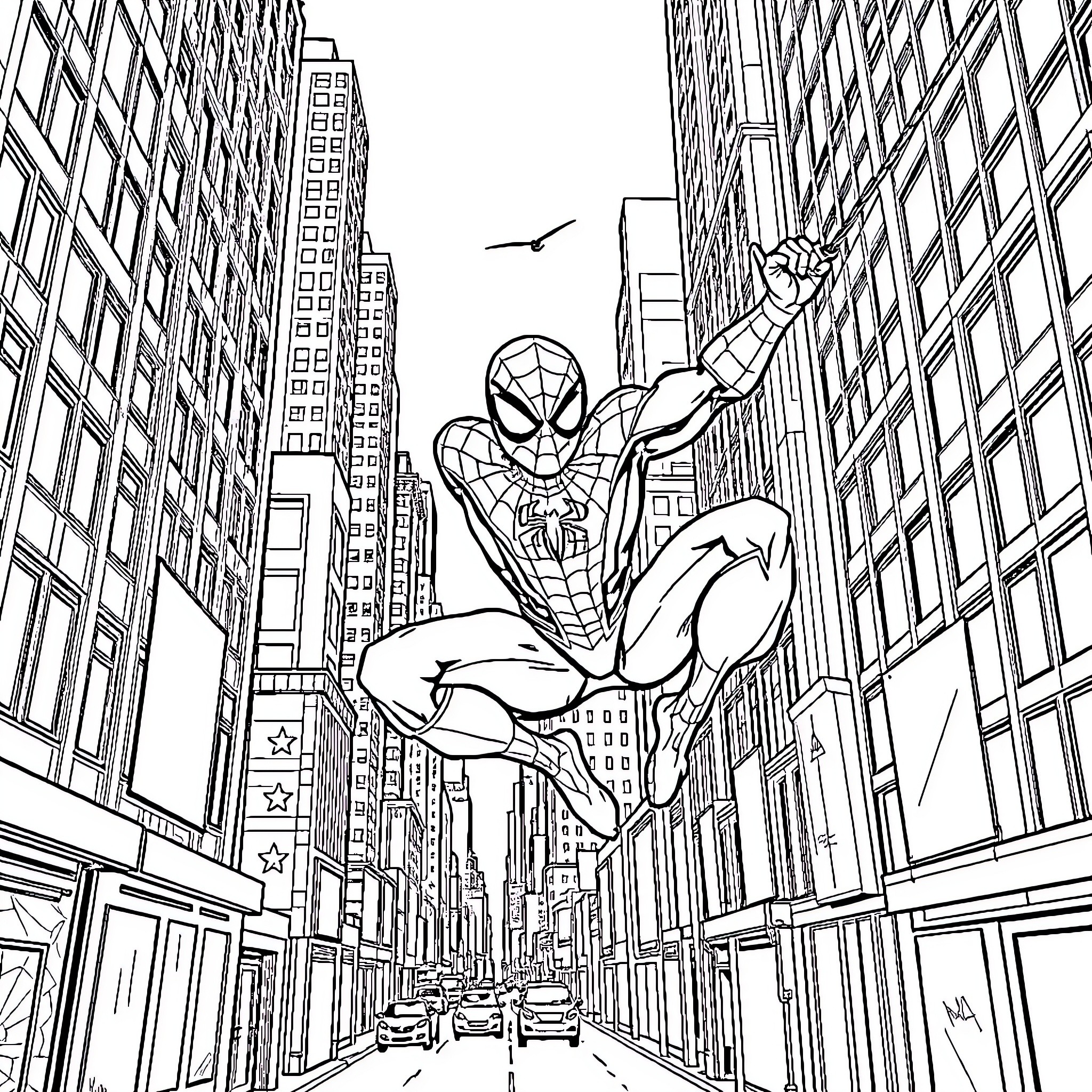 Spiderman swinging through the city skyscrapers Coloring Page (free black-and-white line drawing printable PDF for all, from beginners to advanced learners, including children, teens, adults, and seniors)