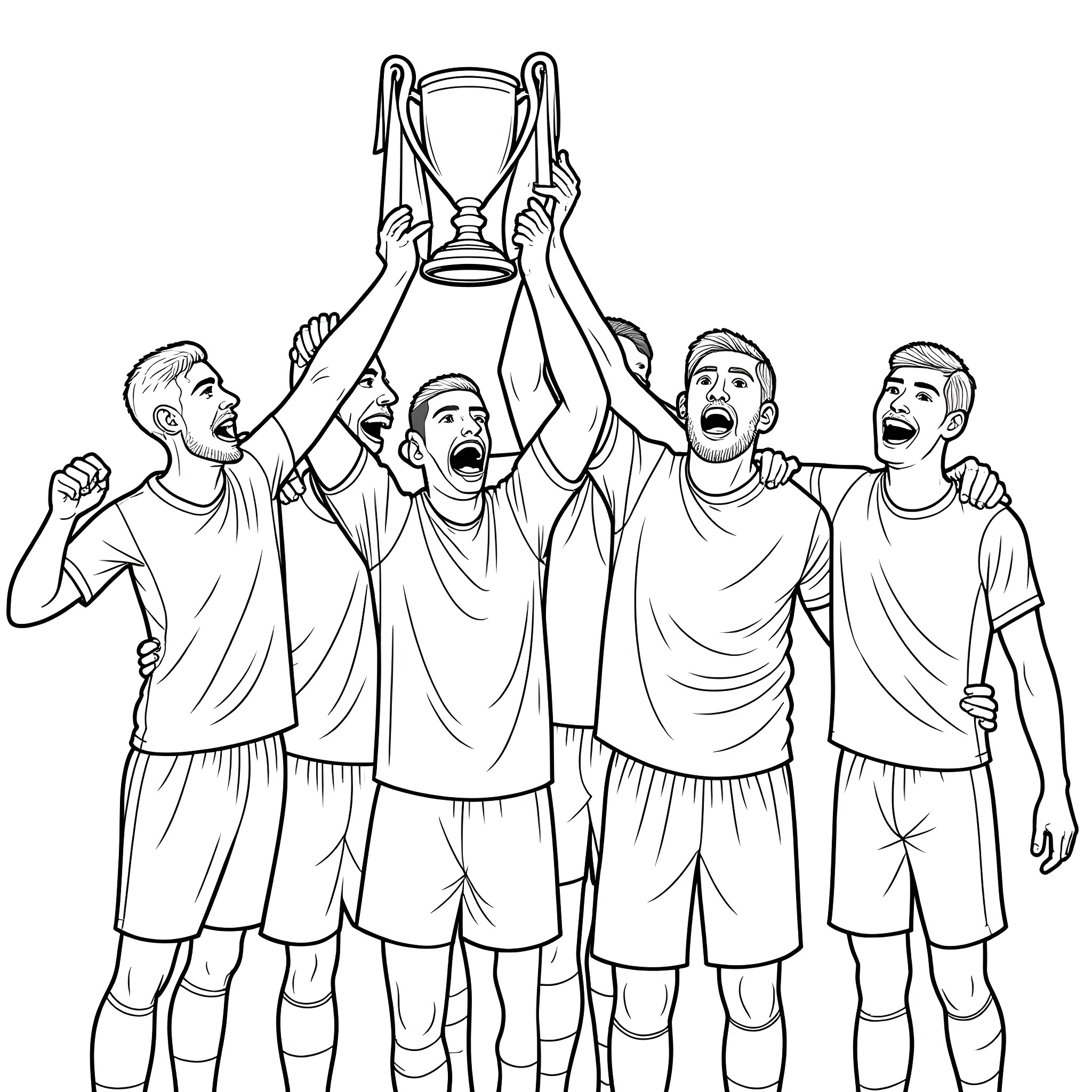 Olympiacos team celebrating trophy victory Coloring Page (free black-and-white line drawing printable PDF for all, from beginners to advanced learners, including children, teens, adults, and seniors)