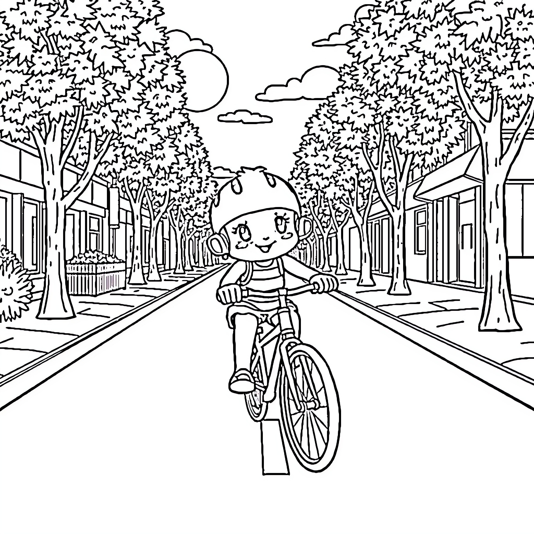 Labubu's Bicycle Adventure in the Park Coloring Page (free black-and-white line drawing printable PDF for all, from beginners to advanced learners, including children, teens, adults, and seniors)