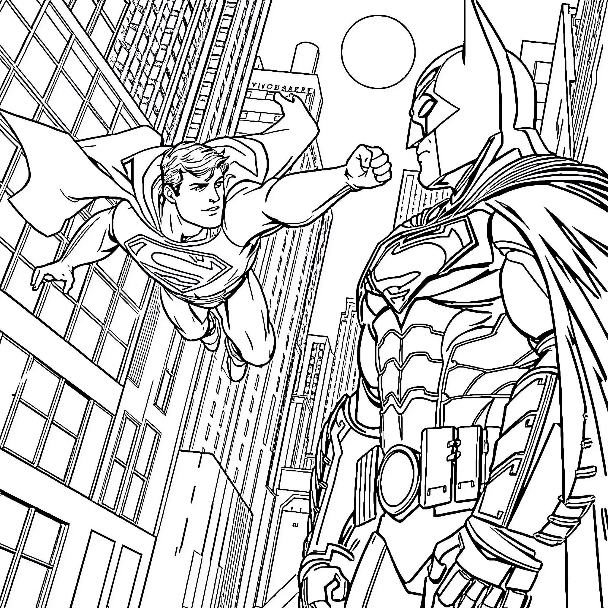 Superman Battles Formidable Foe in Metropolis Skyline Coloring Page (free black-and-white line drawing printable PDF for all, from beginners to advanced learners, including children, teens, adults, and seniors)
