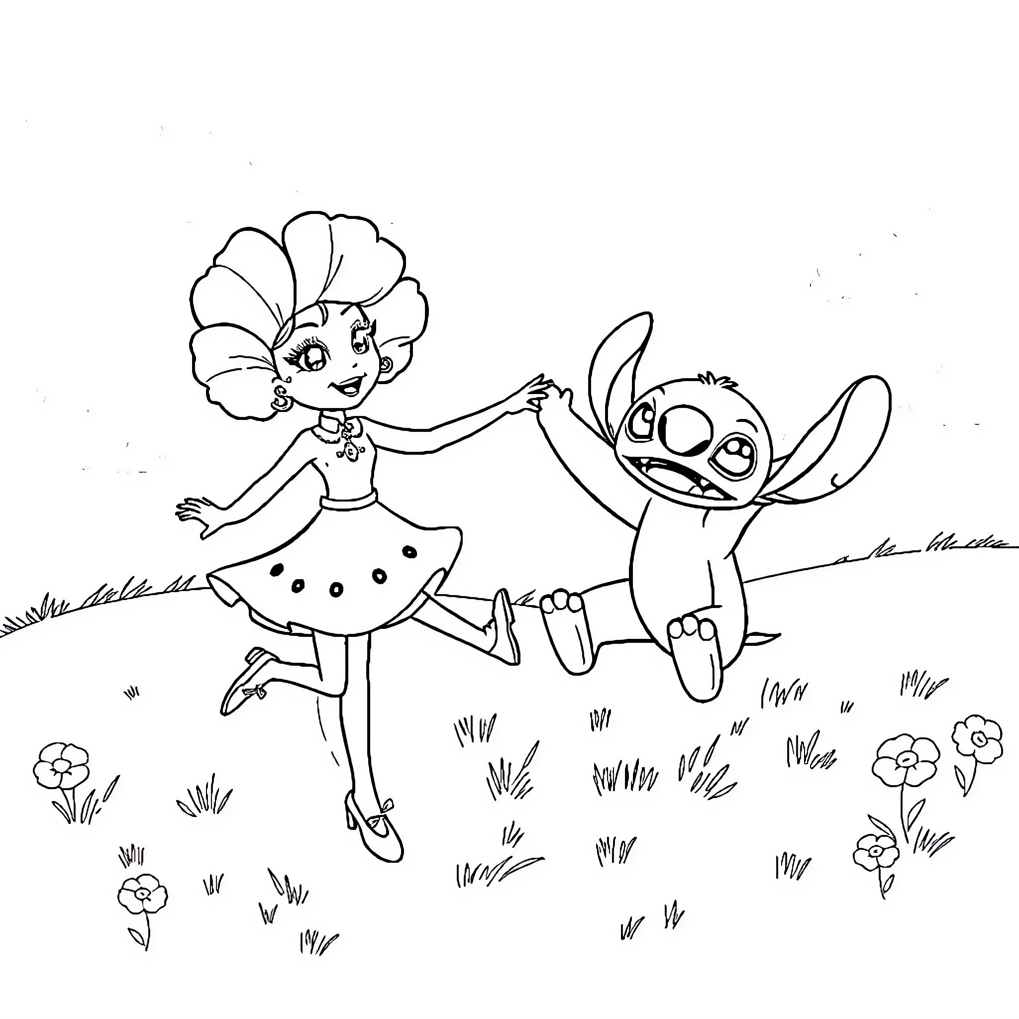 Poppy and Stitch dancing happily in the meadow Coloring Page (free black-and-white line drawing printable PDF for all, from beginners to advanced learners, including children, teens, adults, and seniors)