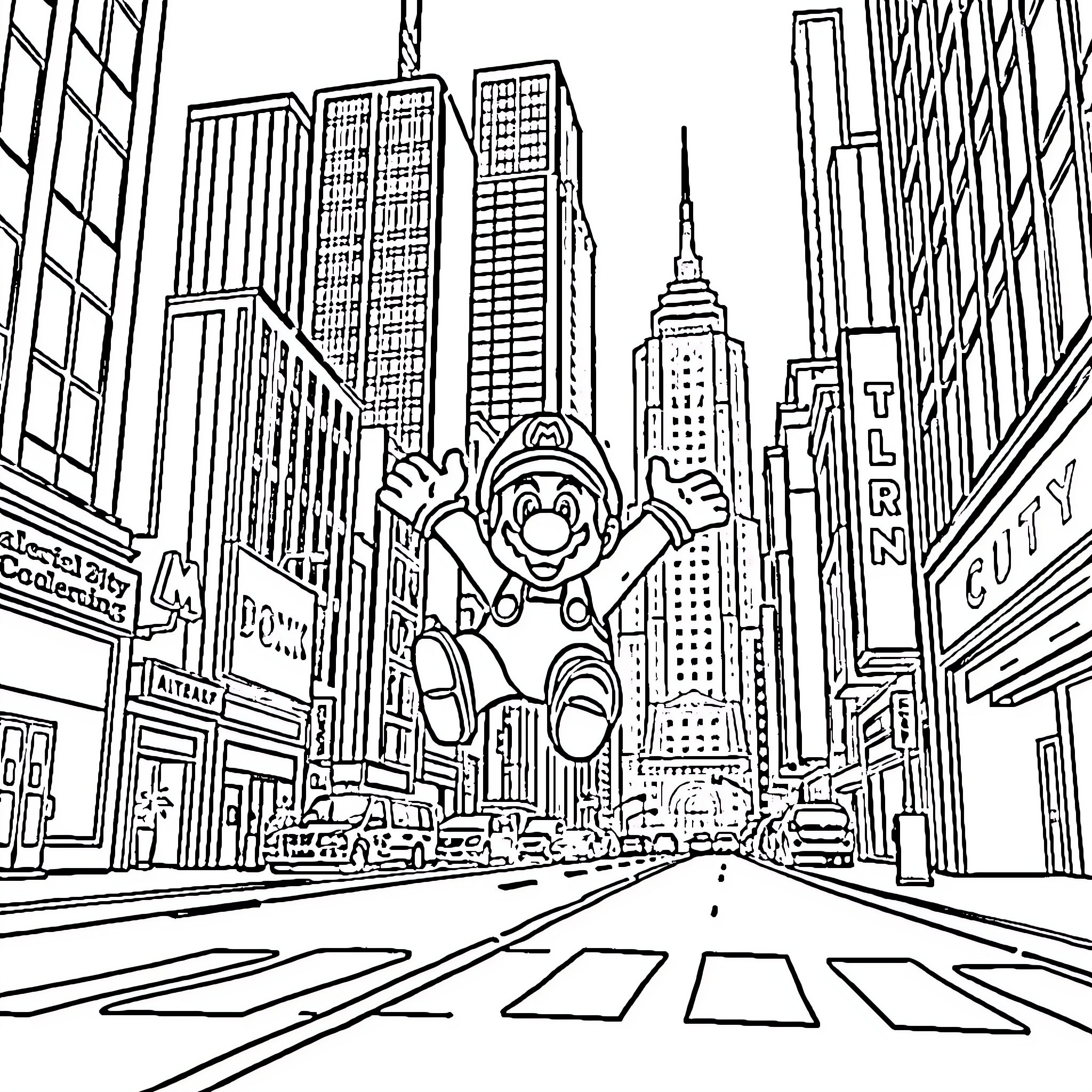 Mario's Exciting Adventure in the Big City Coloring Page (free black-and-white line drawing printable PDF for all, from beginners to advanced learners, including children, teens, adults, and seniors)
