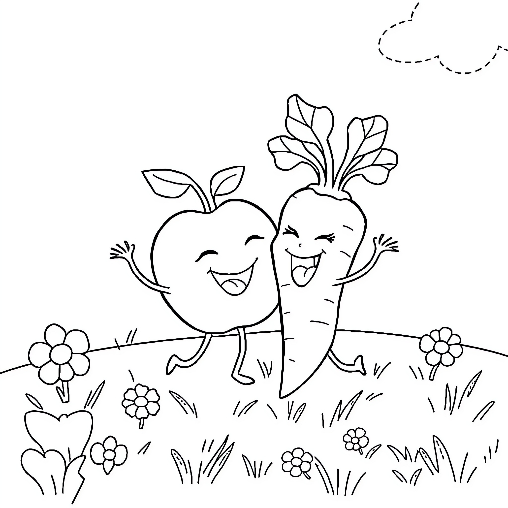 Fruit friends enjoying a playful day Coloring Page (free black-and-white line drawing printable PDF for all, from beginners to advanced learners, including children, teens, adults, and seniors)